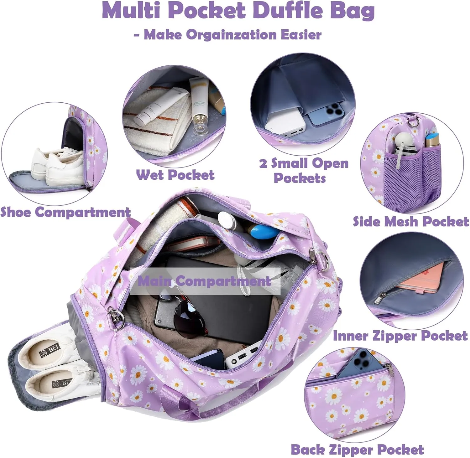 Duffle Bag for Girls, Purple Daisy Dance Sports Gym Ballet Bag with Wet & Shoe Compartments, Overnight Sleepover Weekender Carry On Travel Bag with Trolley Sleeve for Girls Women