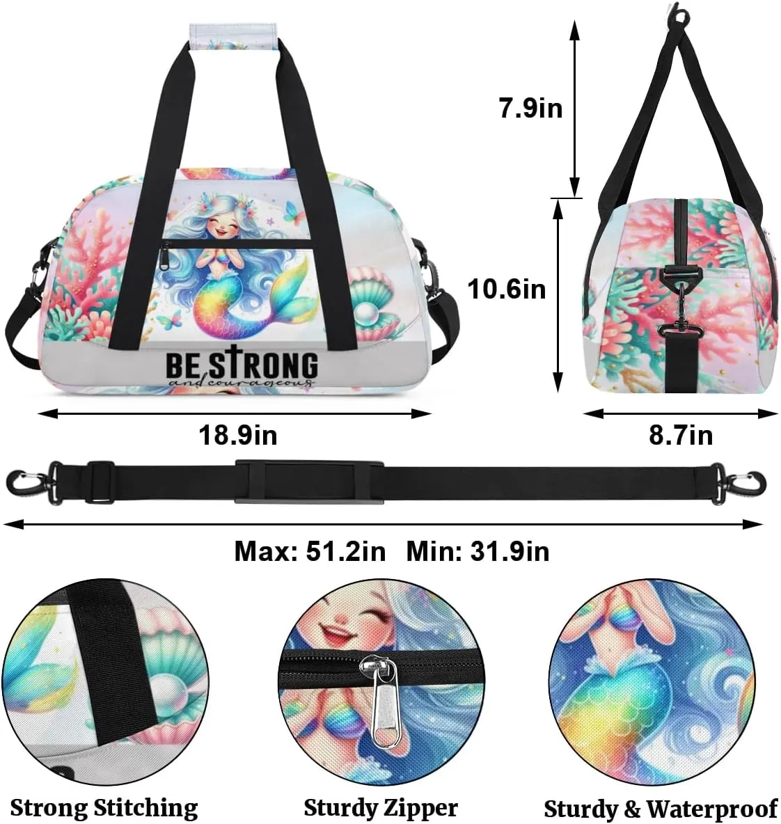 Duffle Bag Mermaid Shell Butterfly Coral PersonalizedGym Bag Travel Bag Luggage Bag Waterproof Lightweight Sports for Dance Gymnastics Cheers Soccer Wrestling Hospital, for Weekender Overnight