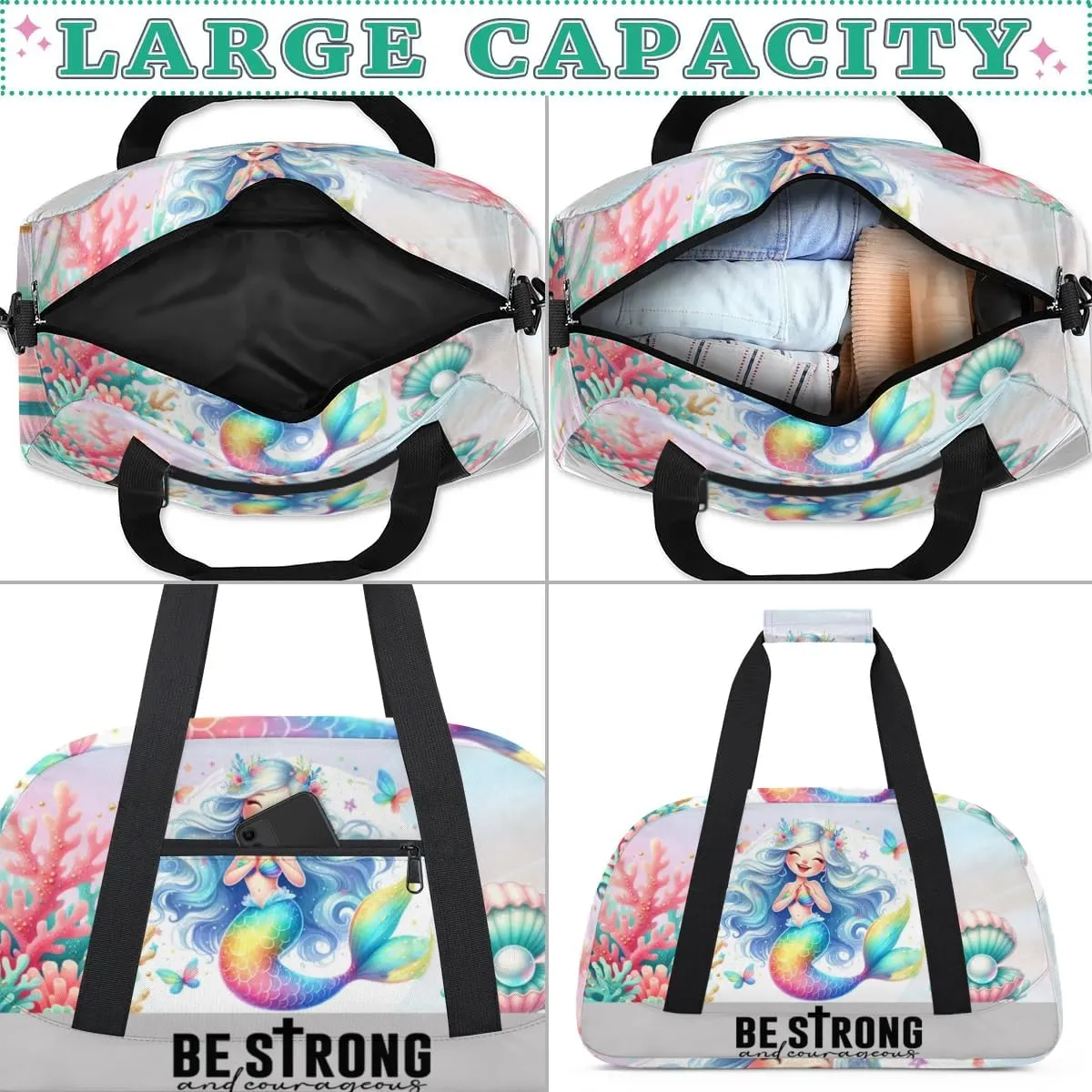 Duffle Bag Mermaid Shell Butterfly Coral PersonalizedGym Bag Travel Bag Luggage Bag Waterproof Lightweight Sports for Dance Gymnastics Cheers Soccer Wrestling Hospital, for Weekender Overnight