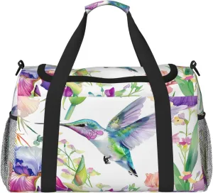 Duffle Bag Spring Hummingbird Iris Floral Travel Duffel Bags for Men Women with Adjustable Strap Carry on Gym Bag Overnight Weekender Bag