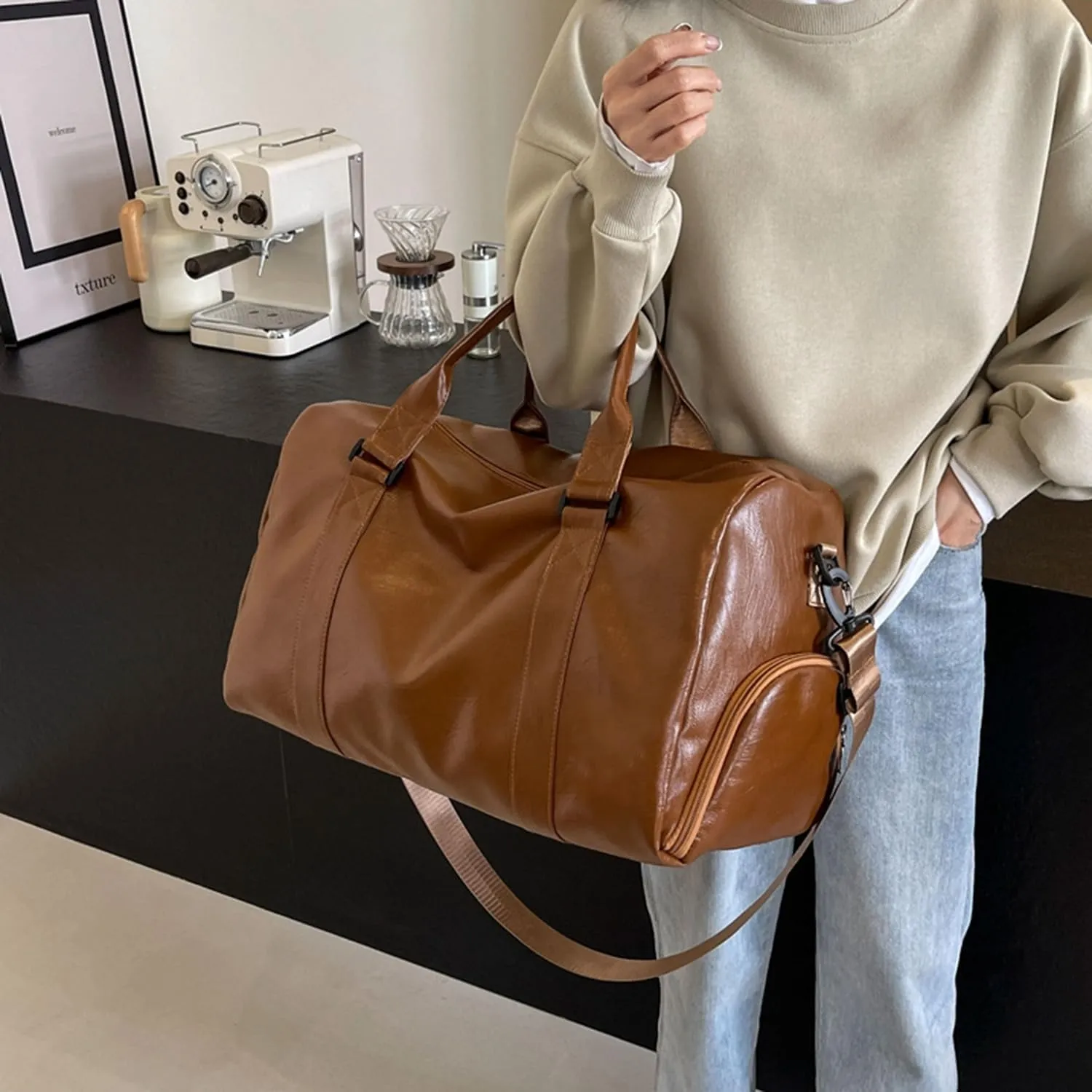 Duffle Travel Bag Waterproof Leather Weekend Bag Carry On Hangbag With Shoe Compartment & Wet Pocket,Sports Tote Gym Bag Hospital Bags,Overnight Bag For Men (Brown)