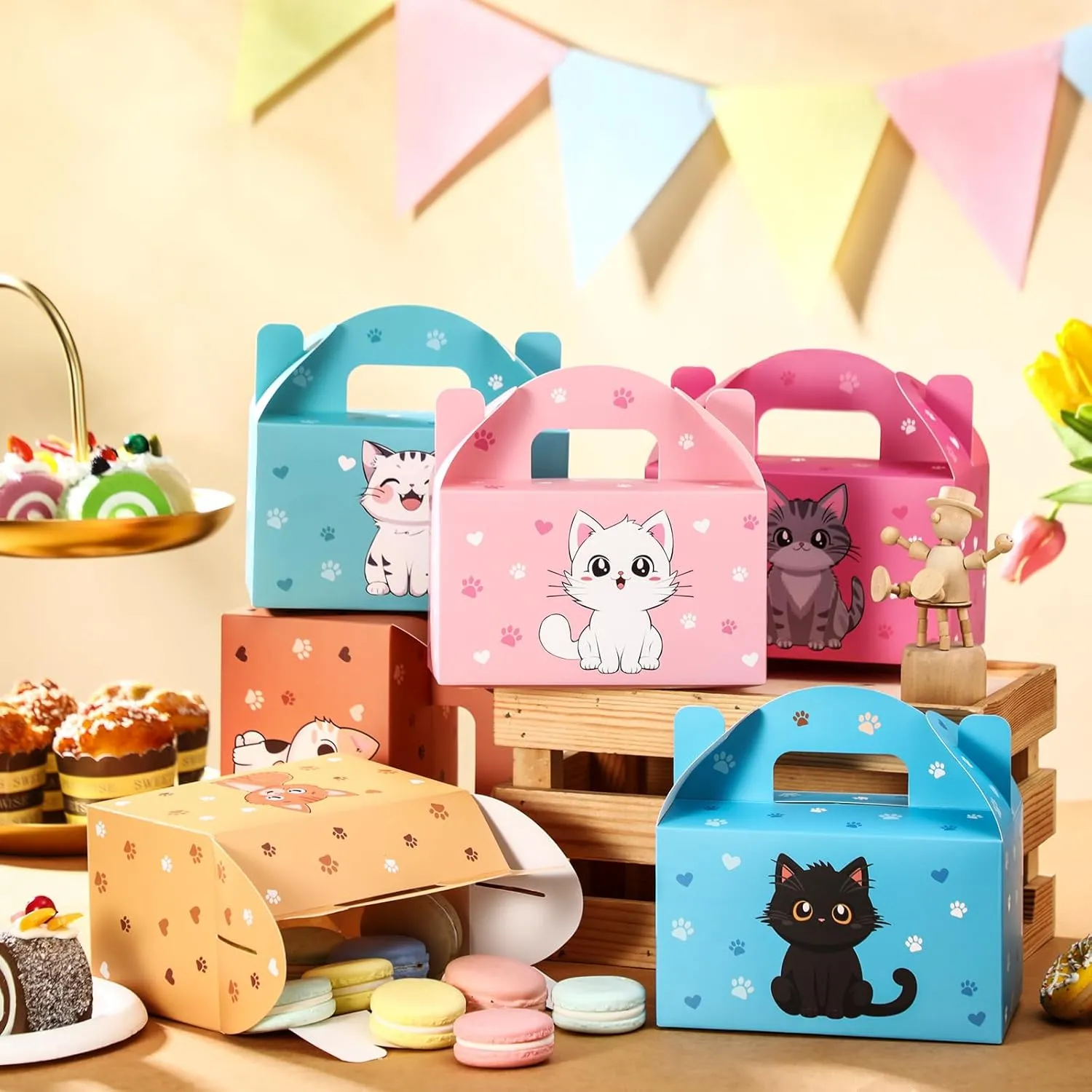 Dunzoom 24 Pcs Cat Party Favors Treat Boxes Kitten Goodie Bags Foldable Pet Gift Bag Adopt a Kitty Goody Box Cat Themed Party Favors for Birthday Wedding Bridal Shower Supplies