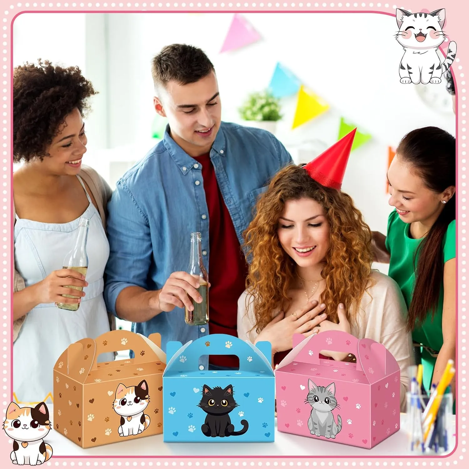 Dunzoom 24 Pcs Cat Party Favors Treat Boxes Kitten Goodie Bags Foldable Pet Gift Bag Adopt a Kitty Goody Box Cat Themed Party Favors for Birthday Wedding Bridal Shower Supplies