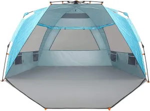 Easthills Outdoors Instant Shader Enhanced (Prints) Deluxe XL Beach Tent 4-6 Person Pop Up Sun Shelter 99" Wide for Family UPF 50  Double Silver Coated with Extended Zippered Porch Ocean Wave