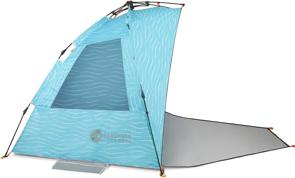 Easthills Outdoors Instant Shader Enhanced (Prints) Deluxe XL Beach Tent 4-6 Person Pop Up Sun Shelter 99" Wide for Family UPF 50  Double Silver Coated with Extended Zippered Porch Ocean Wave