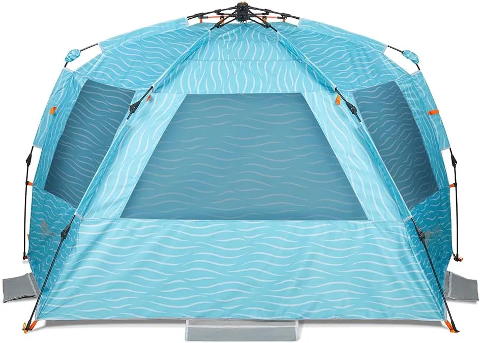 Easthills Outdoors Instant Shader Enhanced (Prints) Deluxe XL Beach Tent 4-6 Person Pop Up Sun Shelter 99" Wide for Family UPF 50  Double Silver Coated with Extended Zippered Porch Ocean Wave