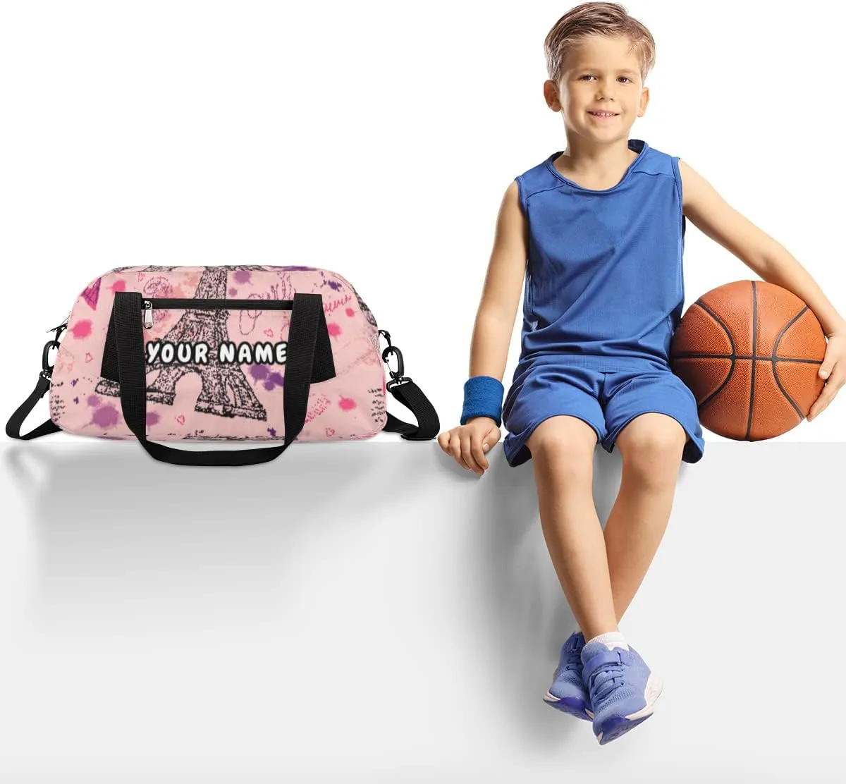 Eiffel Tower Flower Personalized Kids Duffel Bag for Girls Boys, Tower Debris Custom Dance Bag Overnight Small Duffel Bag Carry On Weekend Sports Travel Bag for School Practice Gymnastics Ballet
