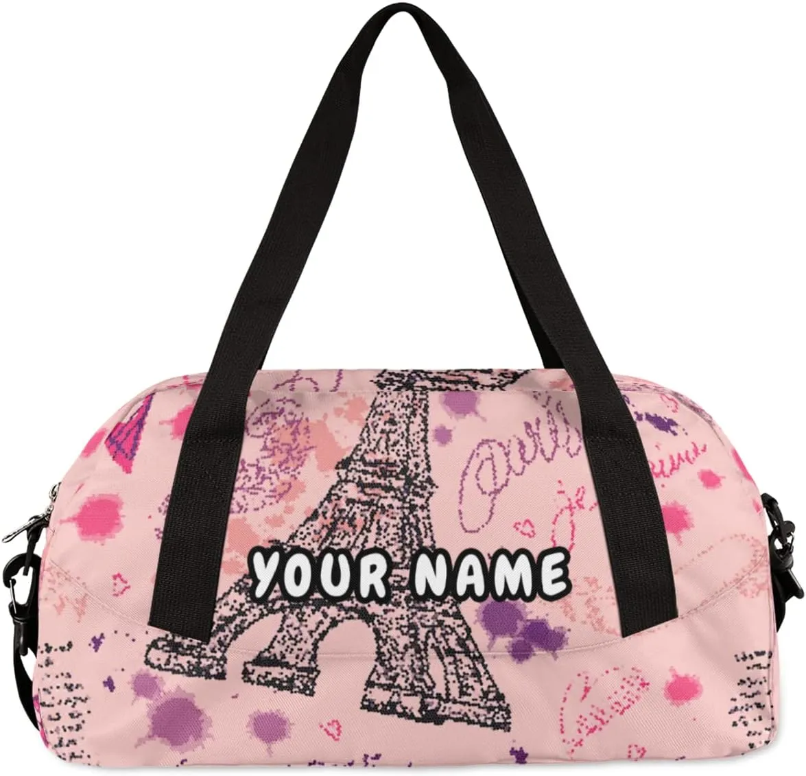 Eiffel Tower Flower Personalized Kids Duffel Bag for Girls Boys, Tower Debris Custom Dance Bag Overnight Small Duffel Bag Carry On Weekend Sports Travel Bag for School Practice Gymnastics Ballet