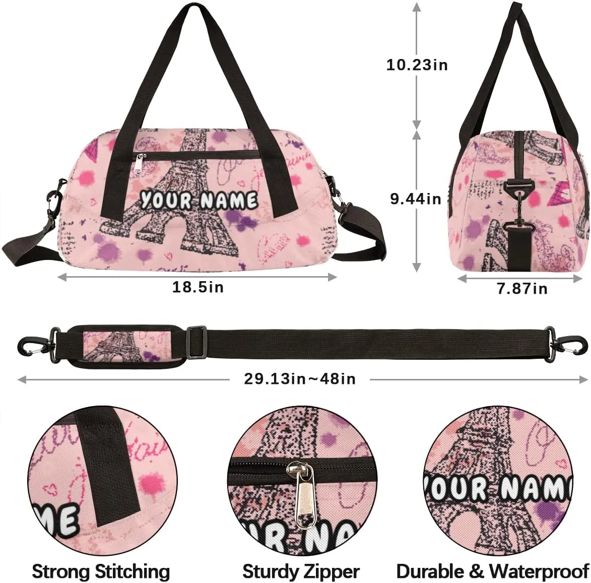 Eiffel Tower Flower Personalized Kids Duffel Bag for Girls Boys, Tower Debris Custom Dance Bag Overnight Small Duffel Bag Carry On Weekend Sports Travel Bag for School Practice Gymnastics Ballet