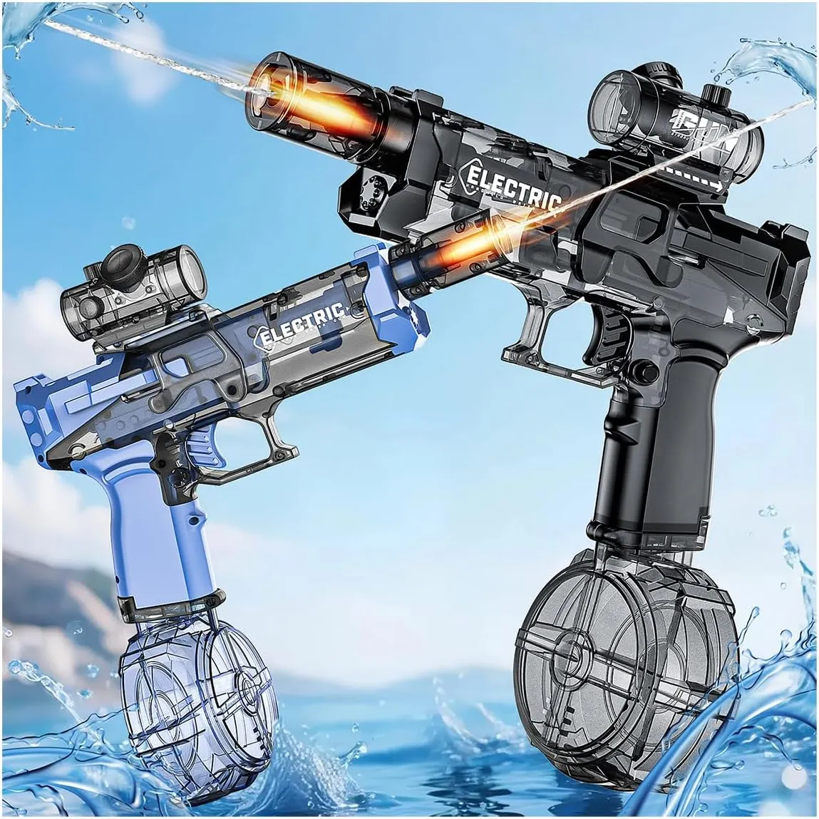 Electric Water Guns with Muzzle Flash for Adults & Kids, Automatic Water Gun with 28-32 FT Long Range, 500CC Capacity Powered Water Gun, Summer Outdoor Pool Beach Toy for Backyard Games (2 Pack)