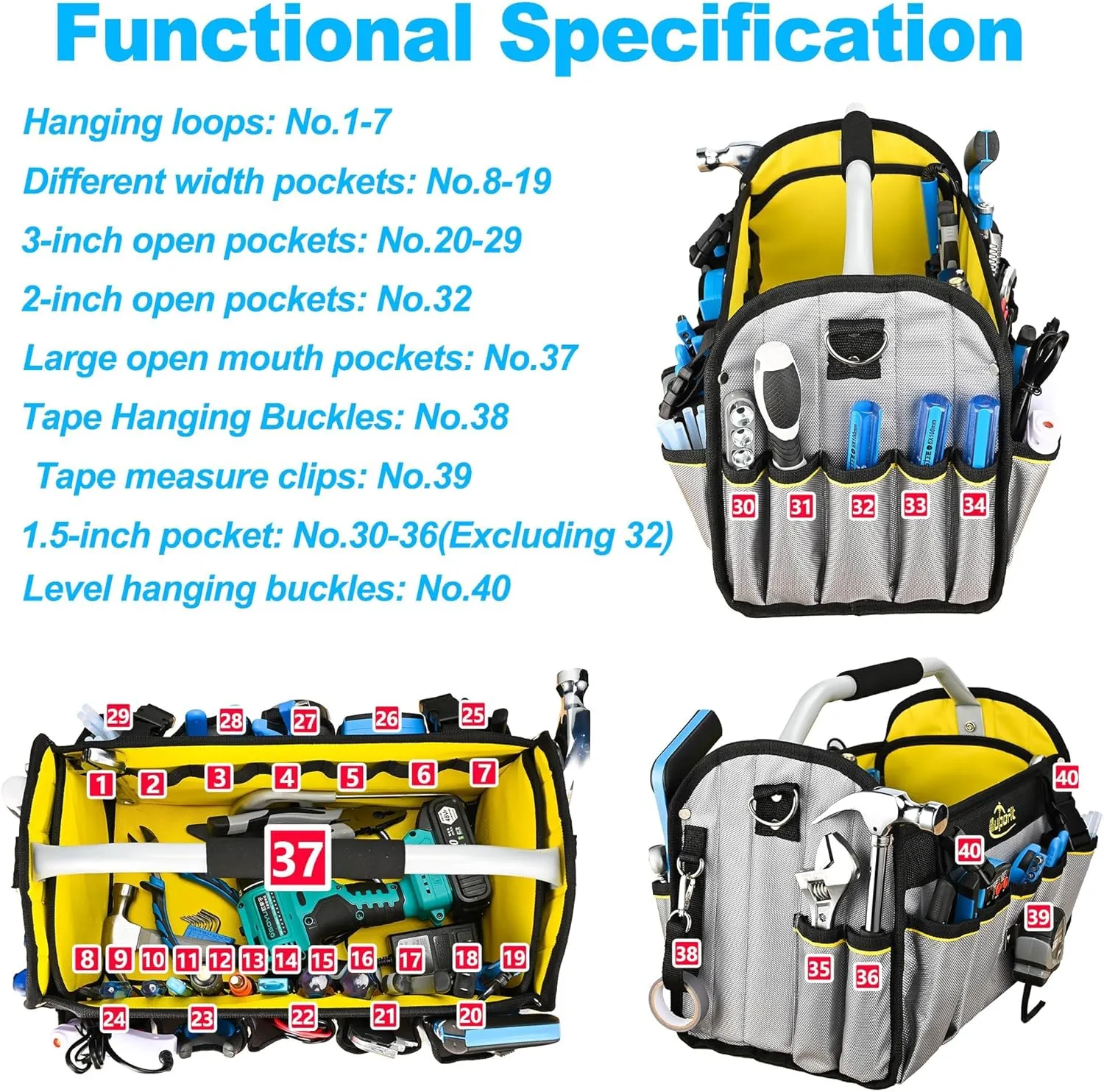 Electrician Tool Bag, 16 In Open Top Tool Bags Heavy Duty Tool Tote Bag with Handle (Yellow-Gray)