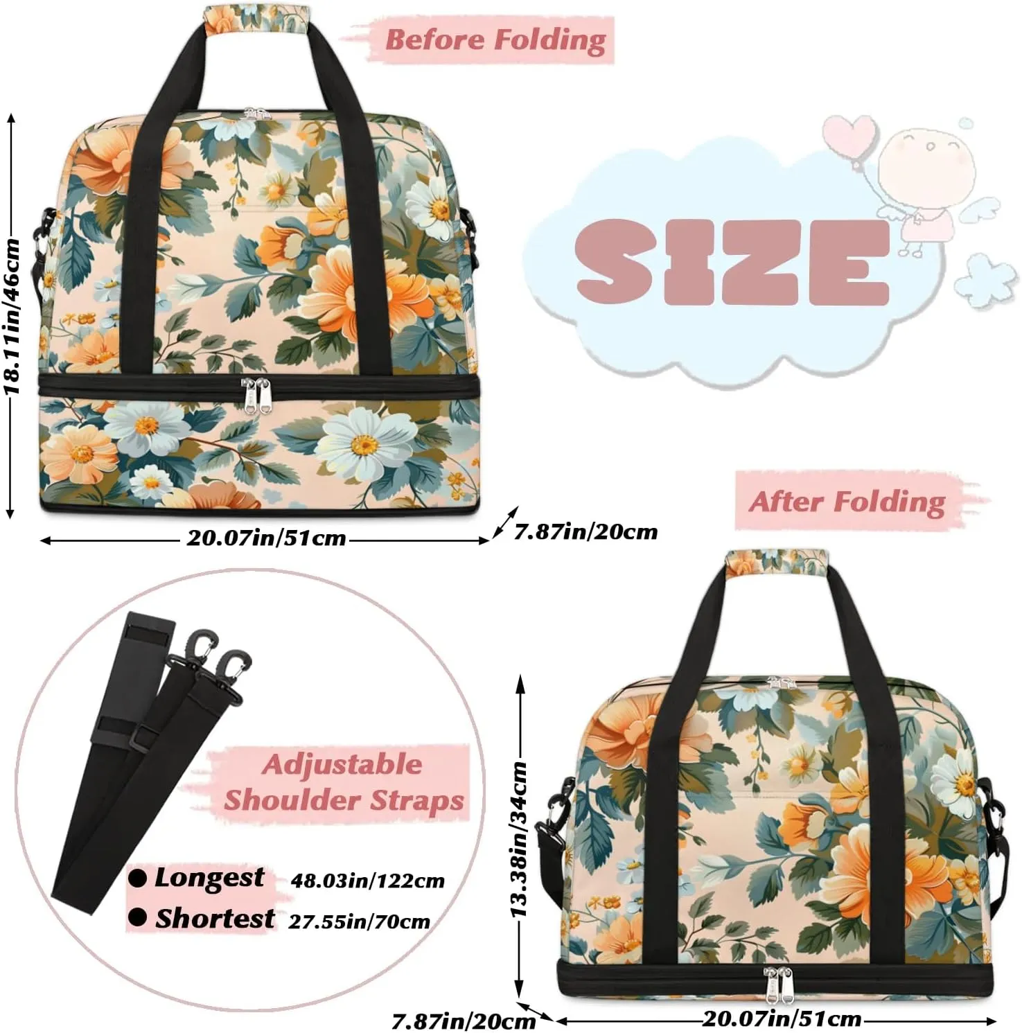 Elegant Flora Colorful Patterns Travel Duffle Bag, Collapsible Travel Bag Sports Gym Bag With Shoes Compartment Weekender Bag Overnight Bag For Women Men