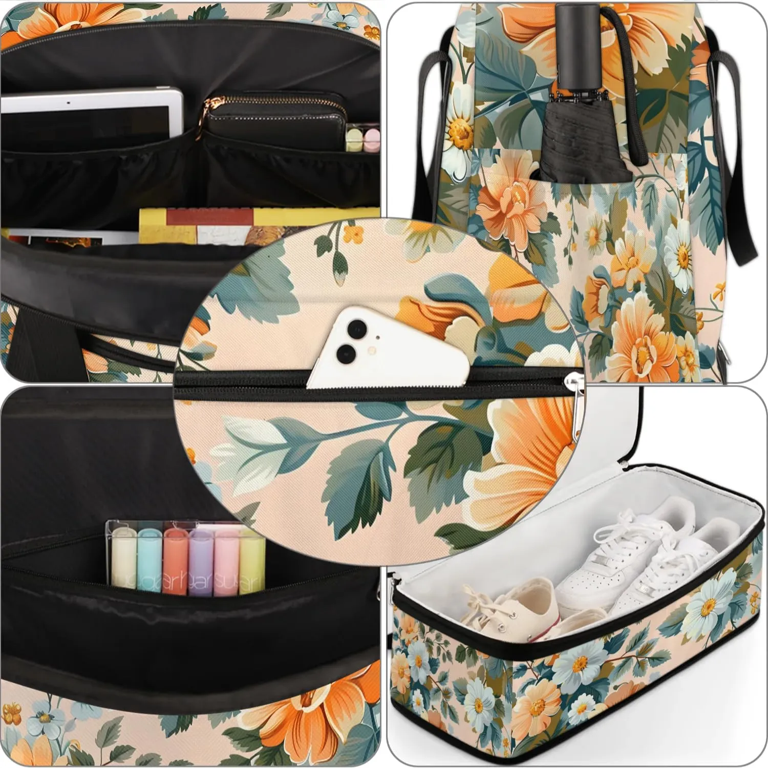 Elegant Flora Colorful Patterns Travel Duffle Bag, Collapsible Travel Bag Sports Gym Bag With Shoes Compartment Weekender Bag Overnight Bag For Women Men
