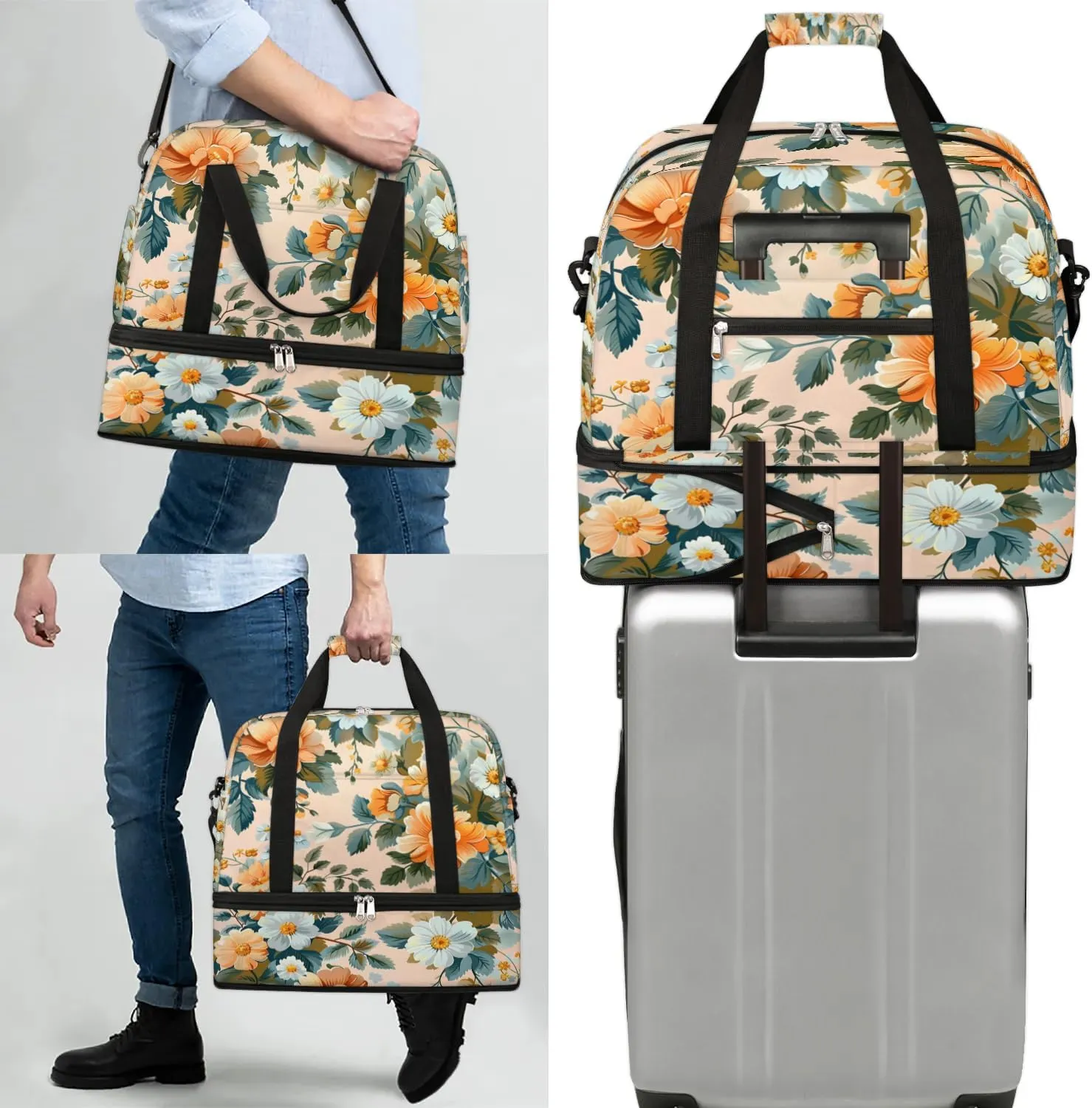 Elegant Flora Colorful Patterns Travel Duffle Bag, Collapsible Travel Bag Sports Gym Bag With Shoes Compartment Weekender Bag Overnight Bag For Women Men