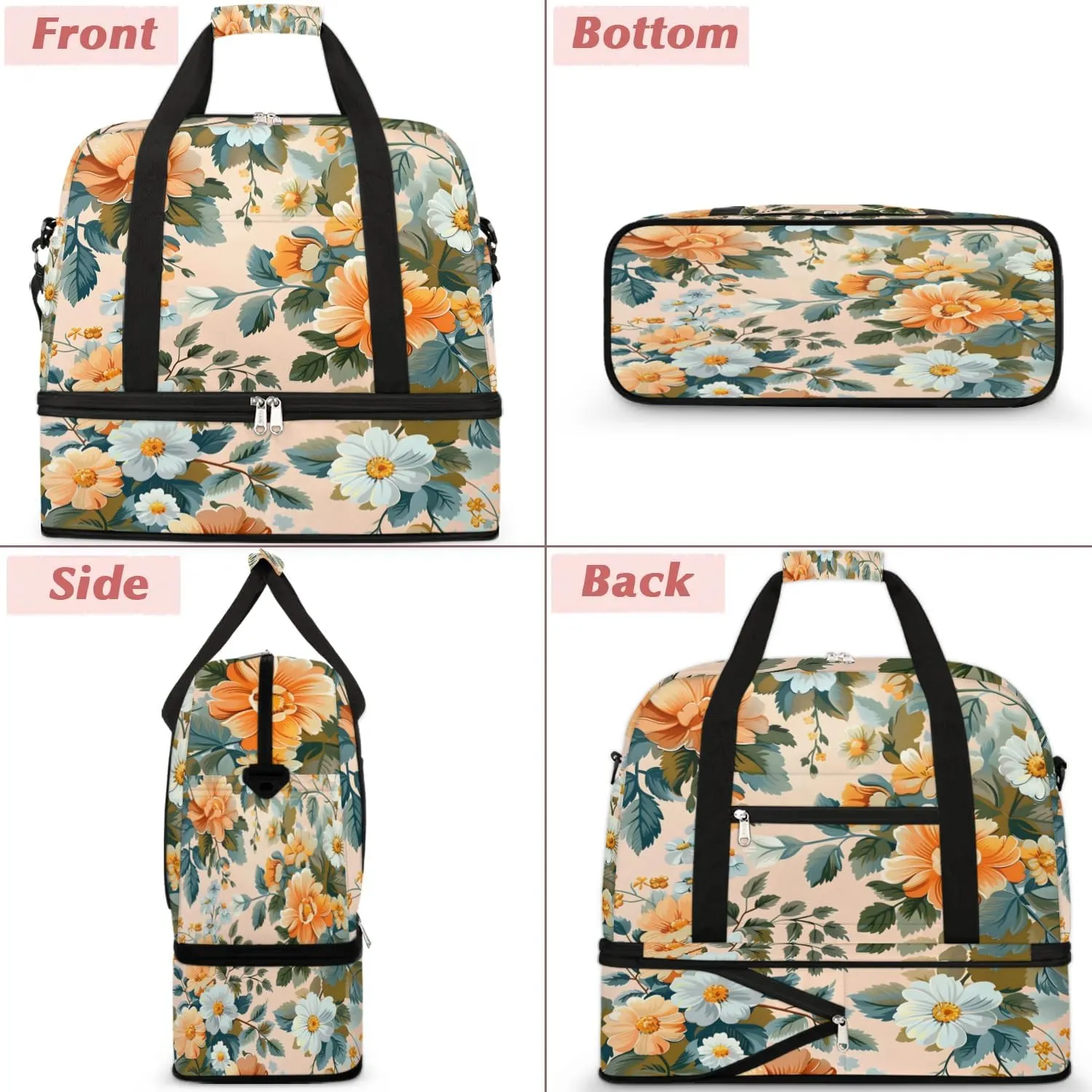Elegant Flora Colorful Patterns Travel Duffle Bag, Collapsible Travel Bag Sports Gym Bag With Shoes Compartment Weekender Bag Overnight Bag For Women Men