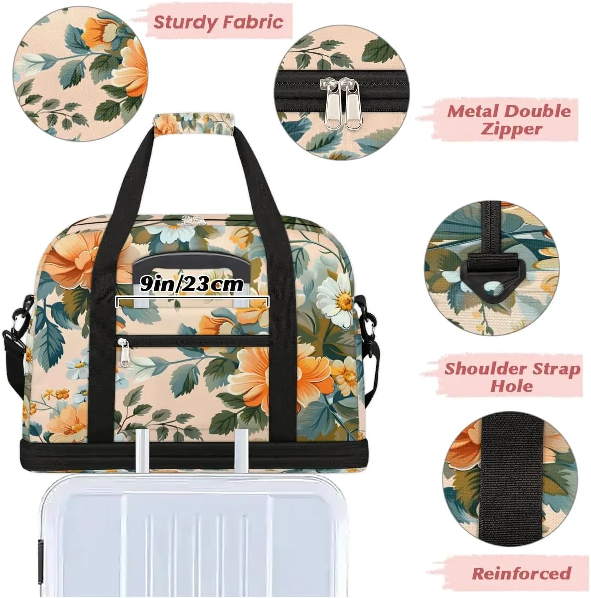 Elegant Flora Colorful Patterns Travel Duffle Bag, Collapsible Travel Bag Sports Gym Bag With Shoes Compartment Weekender Bag Overnight Bag For Women Men