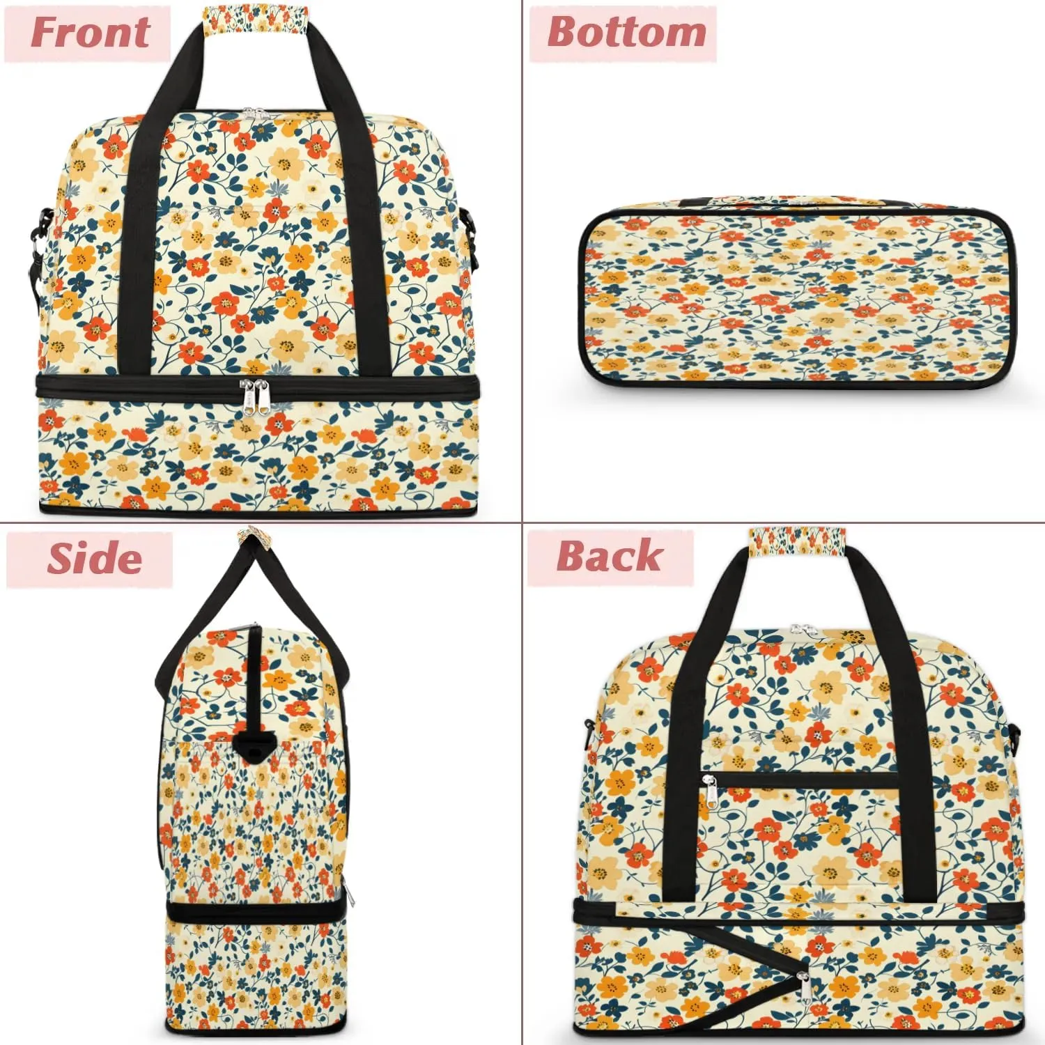 Elegant Flower Pattern Travel Duffle Bag, Collapsible Travel Bag Sports Gym Bag With Shoes Compartment Weekender Bag Overnight Bag For Women Men