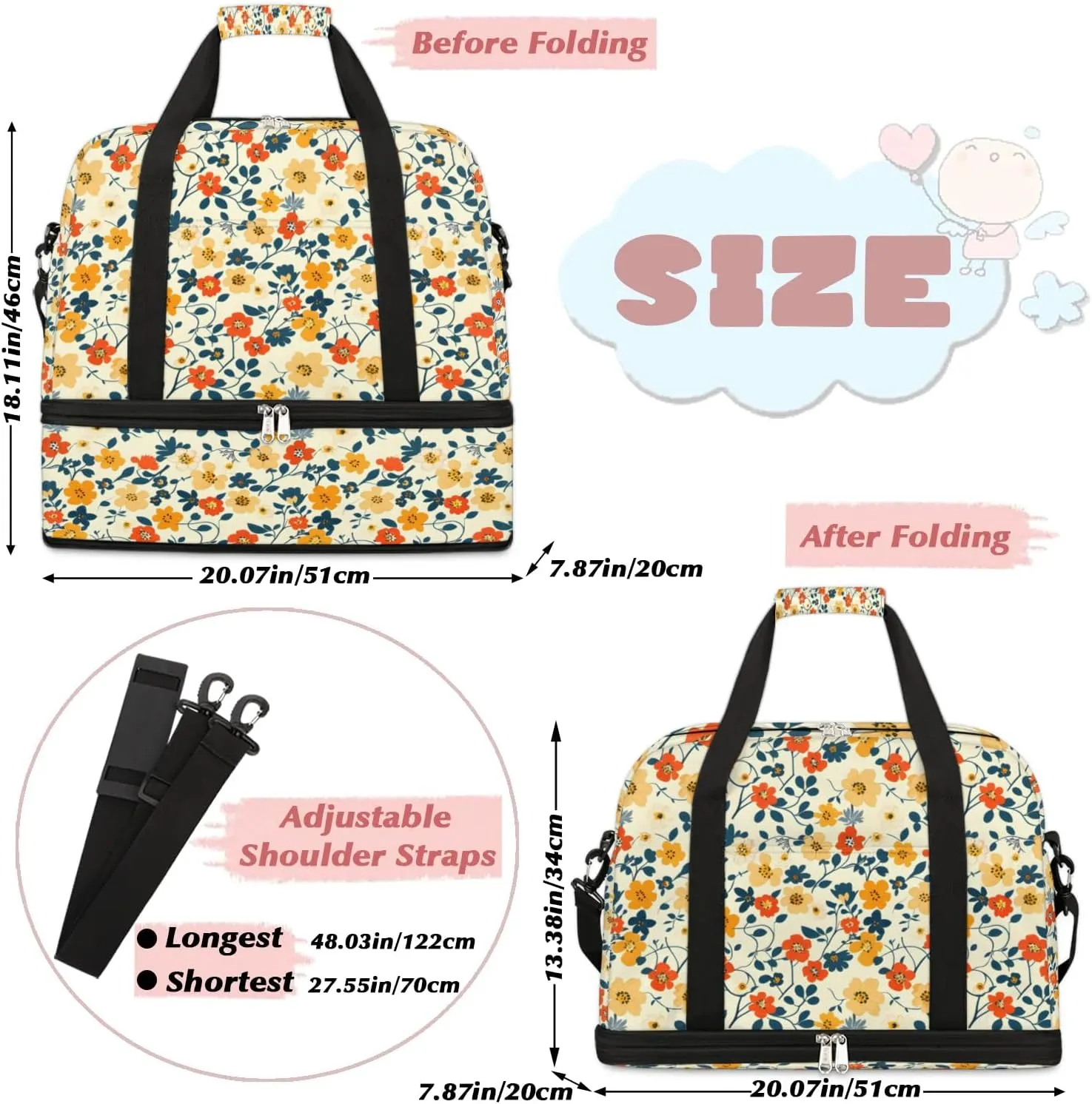 Elegant Flower Pattern Travel Duffle Bag, Collapsible Travel Bag Sports Gym Bag With Shoes Compartment Weekender Bag Overnight Bag For Women Men