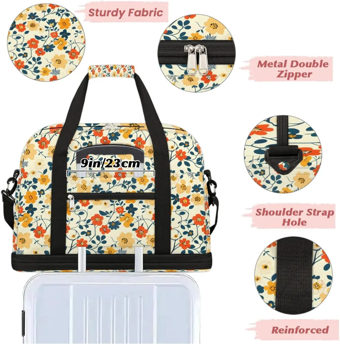Elegant Flower Pattern Travel Duffle Bag, Collapsible Travel Bag Sports Gym Bag With Shoes Compartment Weekender Bag Overnight Bag For Women Men