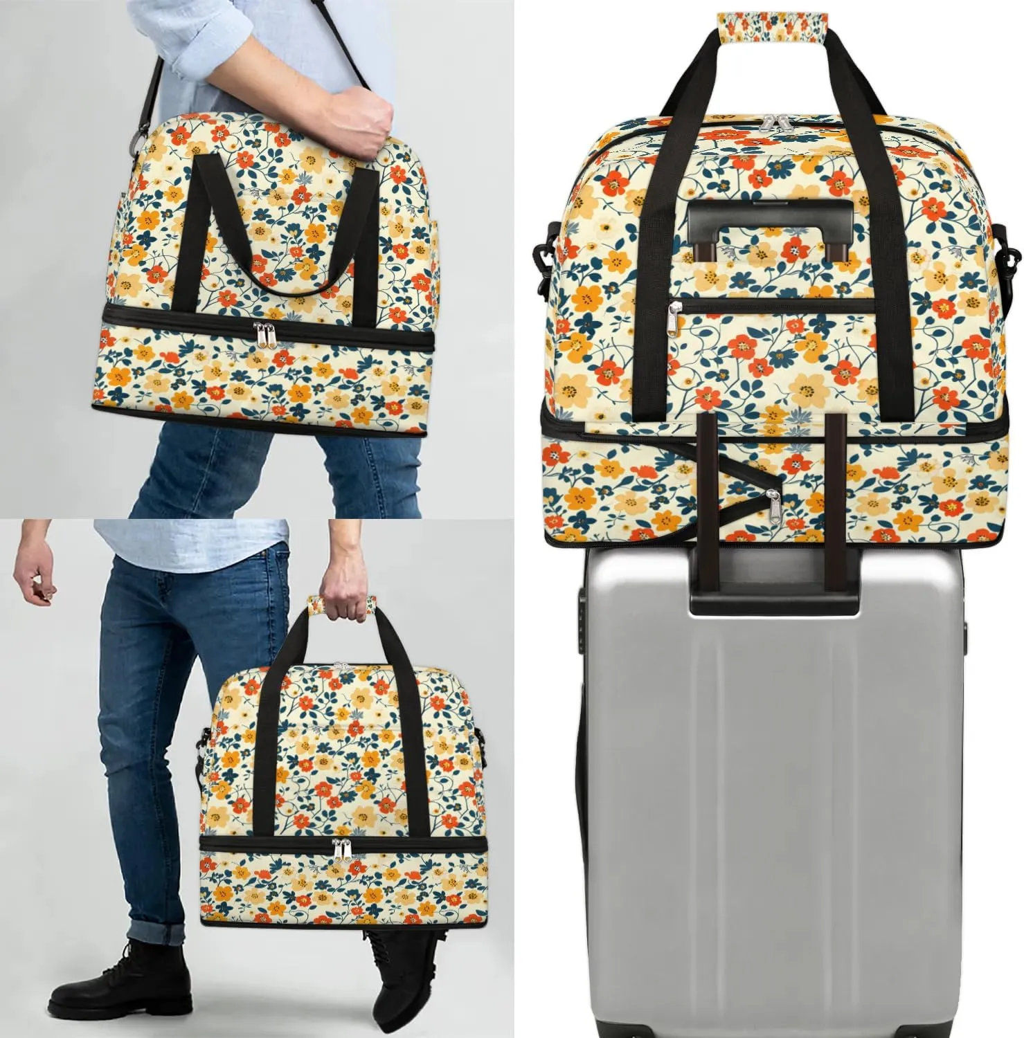 Elegant Flower Pattern Travel Duffle Bag, Collapsible Travel Bag Sports Gym Bag With Shoes Compartment Weekender Bag Overnight Bag For Women Men