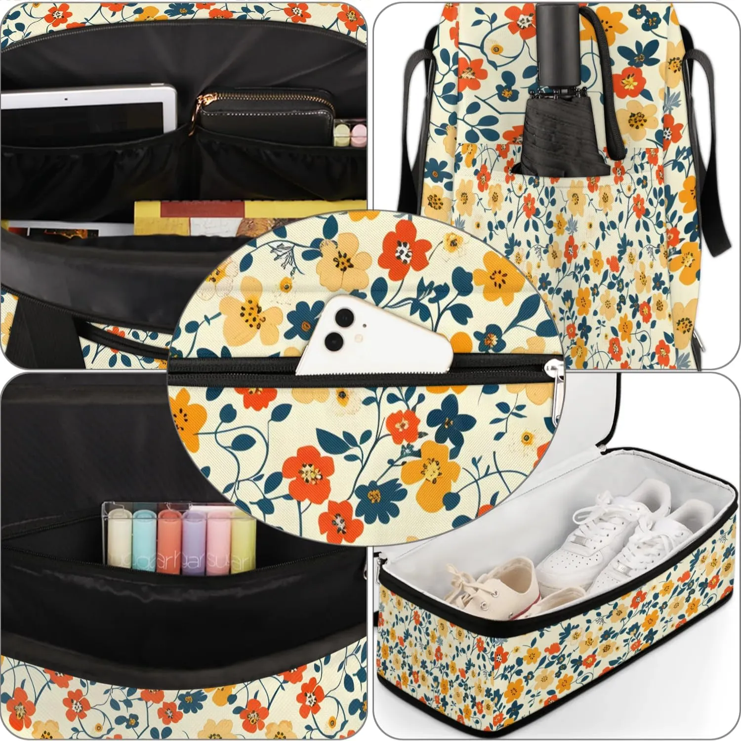 Elegant Flower Pattern Travel Duffle Bag, Collapsible Travel Bag Sports Gym Bag With Shoes Compartment Weekender Bag Overnight Bag For Women Men