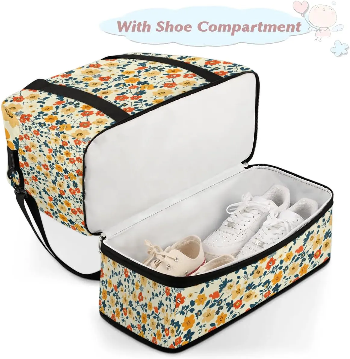 Elegant Flower Pattern Travel Duffle Bag, Collapsible Travel Bag Sports Gym Bag With Shoes Compartment Weekender Bag Overnight Bag For Women Men