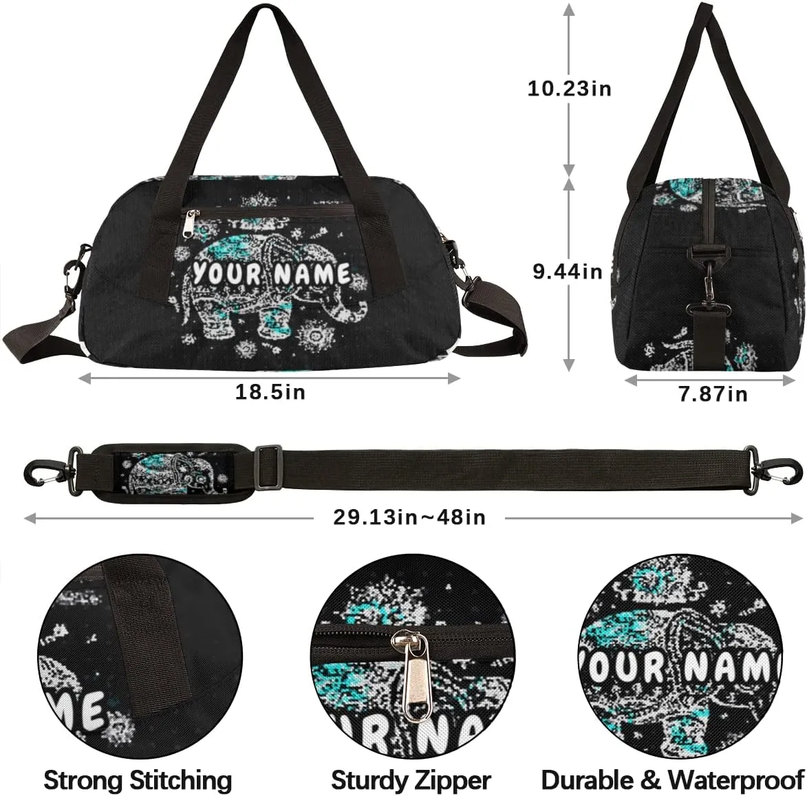 Elephant Mandala Personalized Kids Duffel Bag for Girls Boys, Elephant Debris Custom Dance Bag Overnight Small Duffel Bag Carry On Weekend Sports Travel Bag for School Practice Gymnastics Ballet