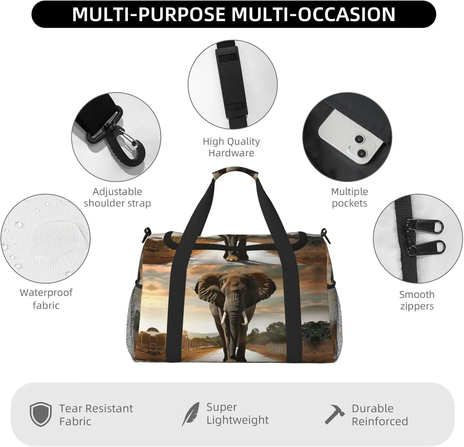 Elephant Walking Duffle Bag Foldable Travel Tote Bag Carry On Large Weekender Overnight Bags Waterproof Gym Bag For Women Men