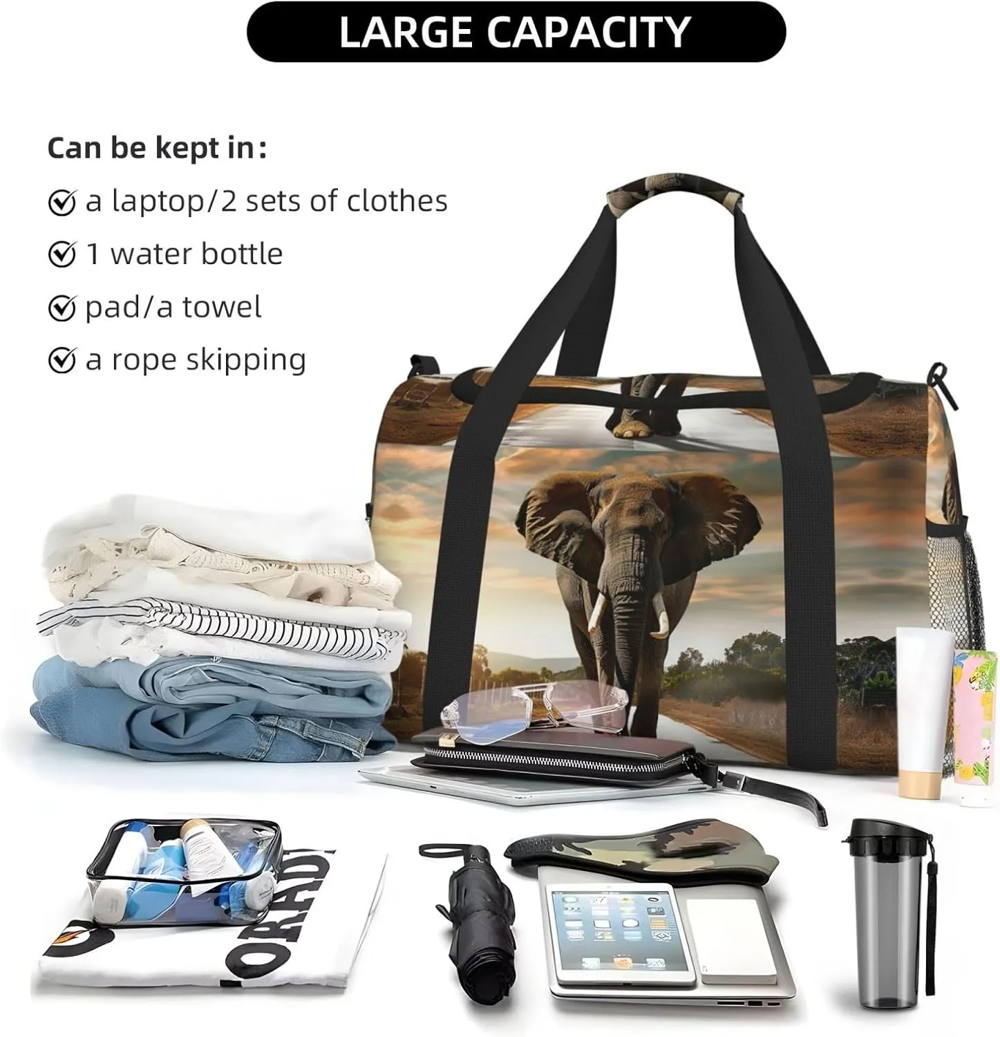 Elephant Walking Duffle Bag Foldable Travel Tote Bag Carry On Large Weekender Overnight Bags Waterproof Gym Bag For Women Men