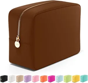 Embla Makeup Bag Travel Cosmetics Pouch and Toiletry Bag, Nylon Zipper Pouch Purse, Cute Make Up Organizer Storage Tote for Women Girls, Waterproof Travel Skincare Case, Large Makeup Bags, Chocolate