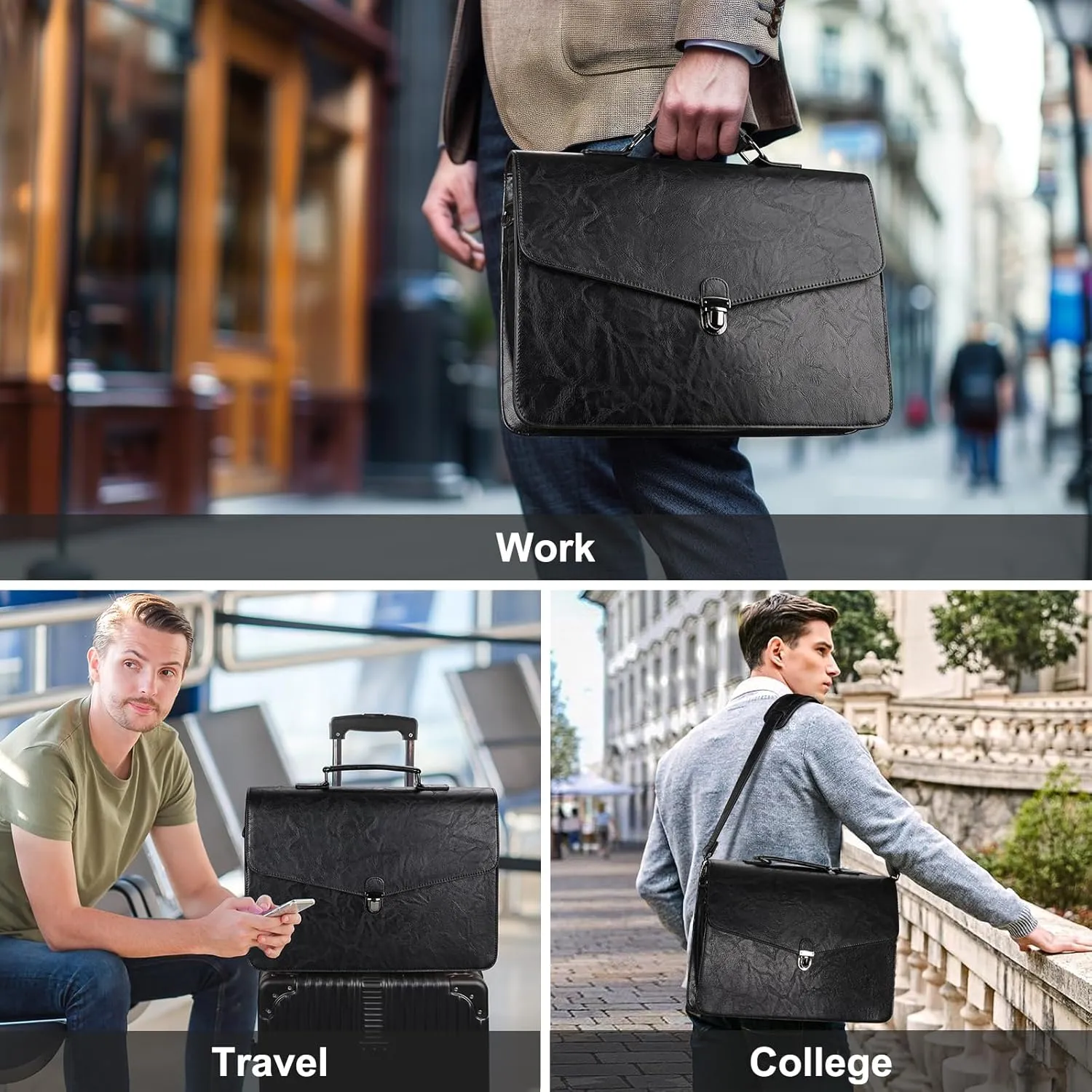 ESTARER Mens Leather Briefcase 15.6 Inch Laptop Messenger Bag, Professional Computer Shoulder Bag Office Satchel for Work Business, Black