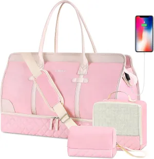ETRONIK Weekender Overnight Bag for Women, Large Travel Duffle Bag with Shoe Compartment & Wet Pocket, Carry On Tote Bag Gym Duffel Bag with Toiletry Bag, 3 Pcs Set, Large Size, Pink