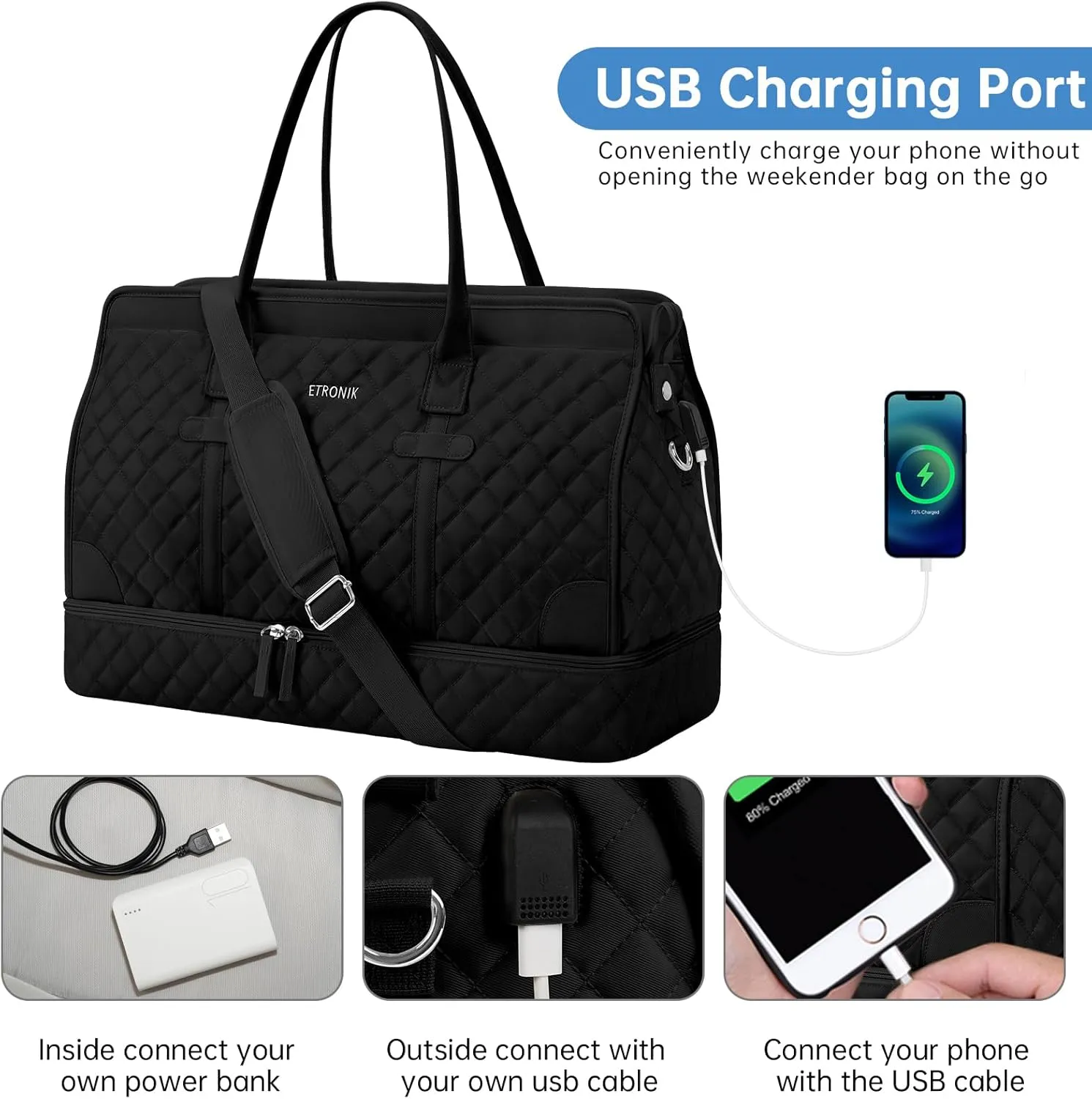 ETRONIK Weekender Overnight Bag for Women, Large Travel Duffle Bag with Shoe Compartment & Wet Pocket, Carry On Tote Bag Gym Duffel Bag with Toiletry Bag for Hospital 3 Pcs Set, XL Size, Dark Black