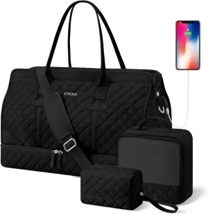 ETRONIK Weekender Overnight Bag for Women, Large Travel Duffle Bag with Shoe Compartment & Wet Pocket, Carry On Tote Bag Gym Duffel Bag with Toiletry Bag for Hospital 3 Pcs Set, XL Size, Dark Black