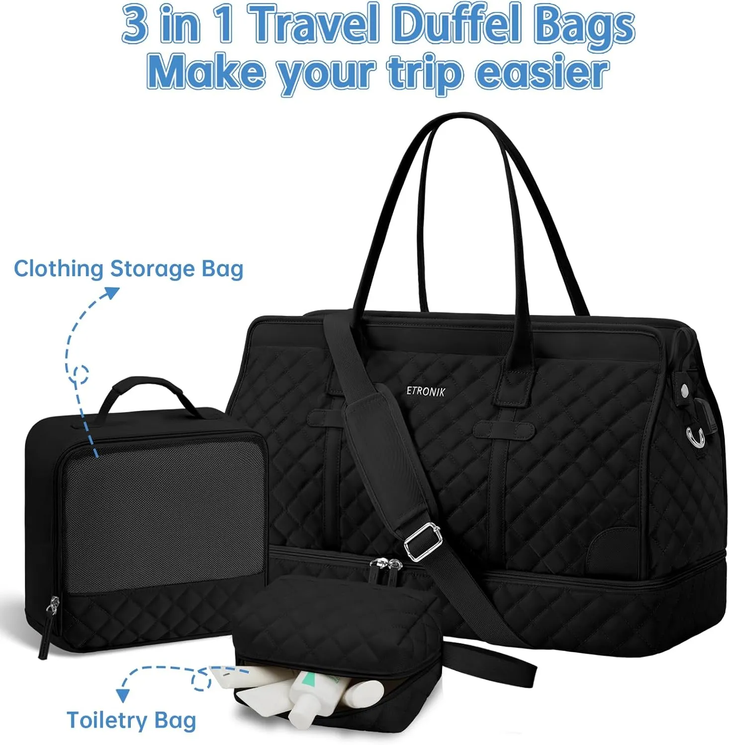 ETRONIK Weekender Overnight Bag for Women, Large Travel Duffle Bag with Shoe Compartment & Wet Pocket, Carry On Tote Bag Gym Duffel Bag with Toiletry Bag for Hospital 3 Pcs Set, XL Size, Dark Black