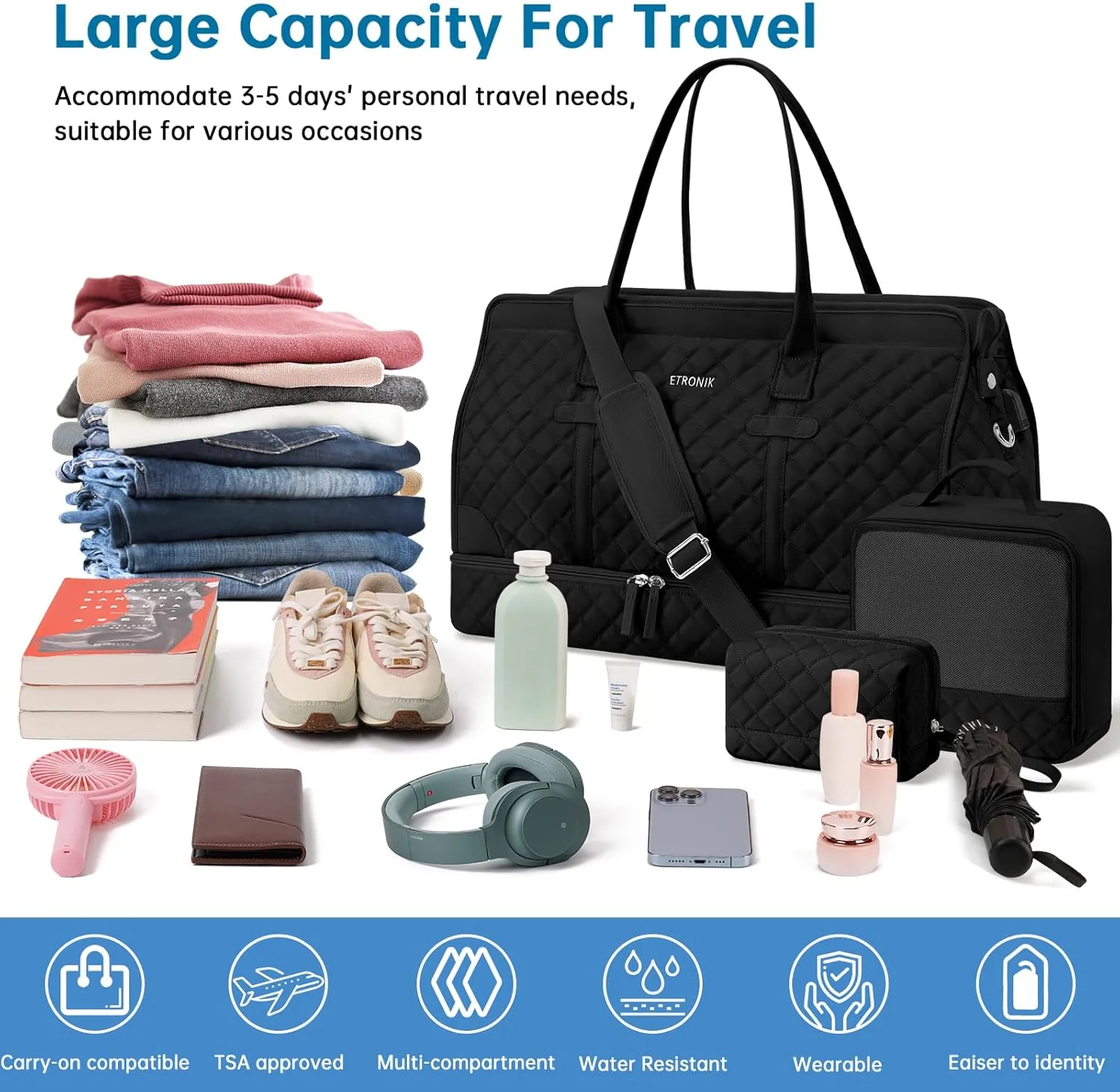 ETRONIK Weekender Overnight Bag for Women, Large Travel Duffle Bag with Shoe Compartment & Wet Pocket, Carry On Tote Bag Gym Duffel Bag with Toiletry Bag for Hospital 3 Pcs Set, XL Size, Dark Black