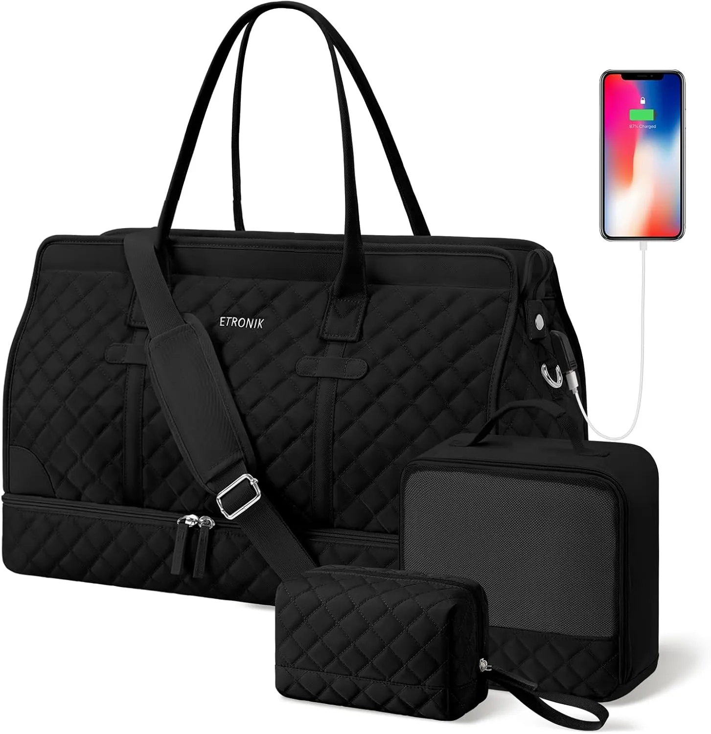 ETRONIK Weekender Overnight Bag for Women, Large Travel Duffle Bag with Shoe Compartment & Wet Pocket, Carry On Tote Bag Gym Duffel Bag with Toiletry Bag for Hospital 3 Pcs Set, XL Size, Dark Black