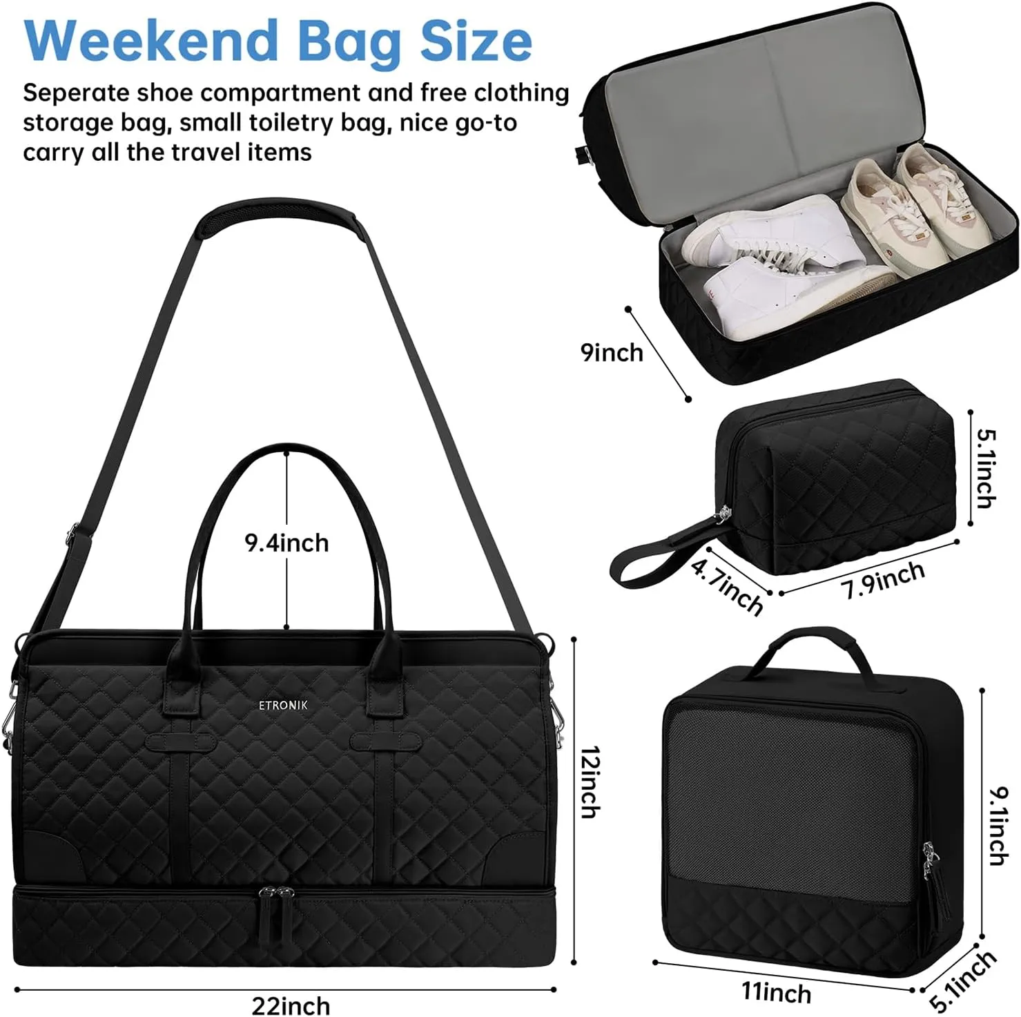 ETRONIK Weekender Overnight Bag for Women, Large Travel Duffle Bag with Shoe Compartment & Wet Pocket, Carry On Tote Bag Gym Duffel Bag with Toiletry Bag for Hospital 3 Pcs Set, XL Size, Dark Black
