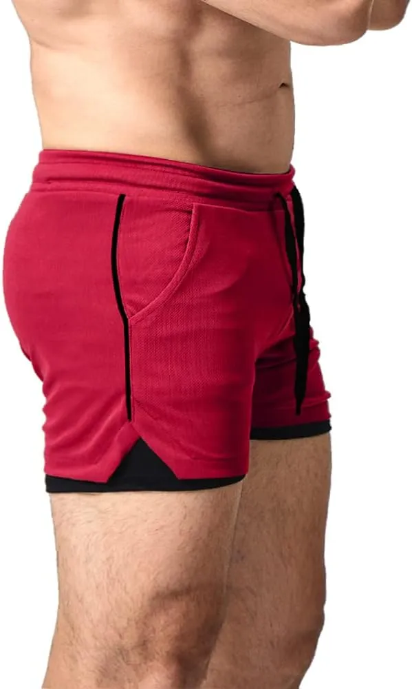 EVERWORTH Men's 2 in 1 Workout Shorts 5" Quick Dry Gym Shorts Bodybuilding Short Shorts Compression Shorts with Zipper Pocket