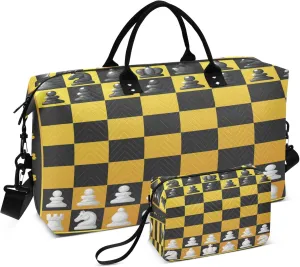 Exnundod Travel Duffel Bags Golden Chess Board Sports Gym Bag Chess Figures Set Weekender Carry On Tote Overnight Luggage Bags for Women and Men