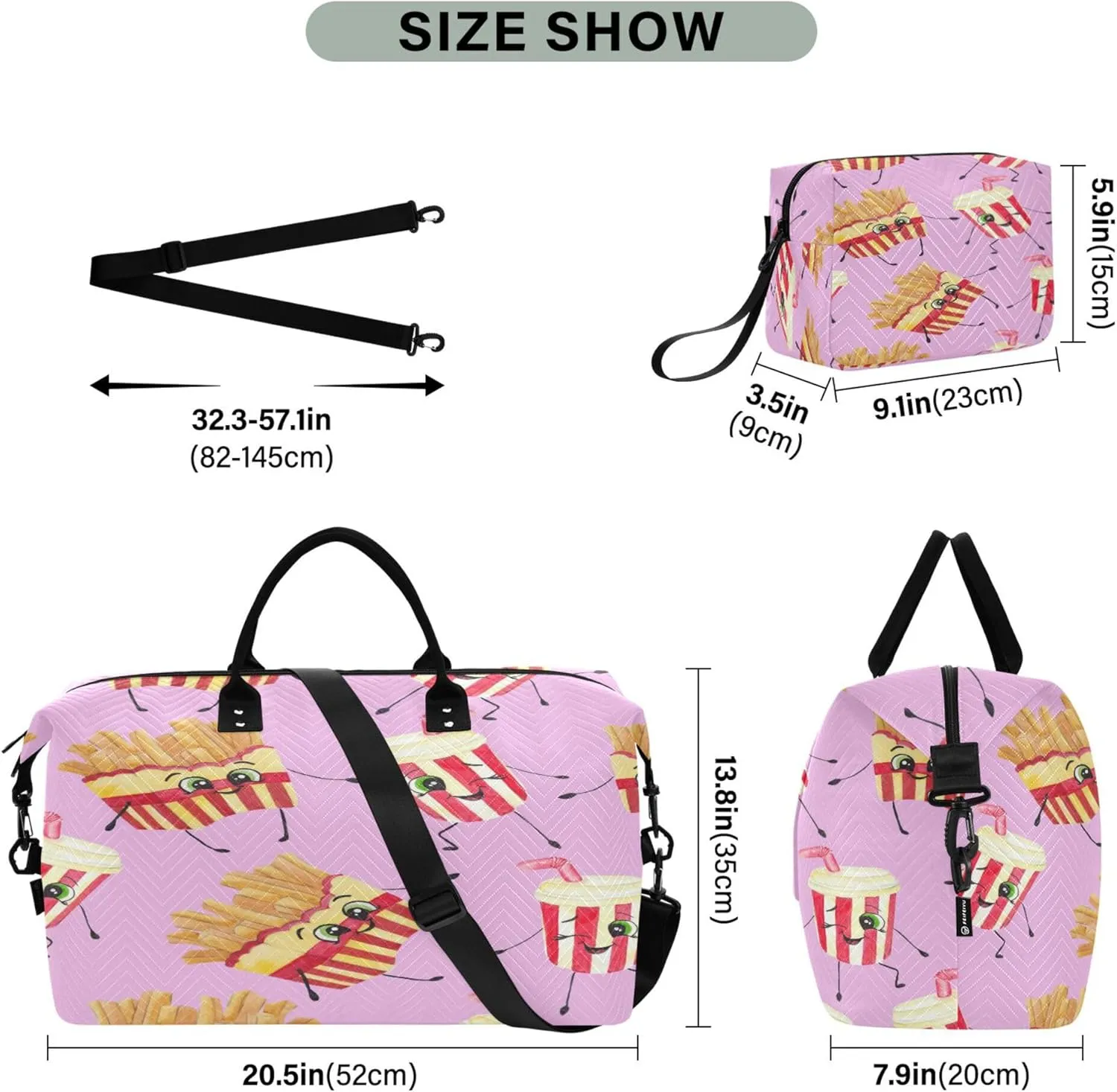 Exnundod Women Weekender Bags Cute Food and Drinks Travel Duffel Bags Carry On Overnight Bag French Fries Large Hospital Tote Luggage