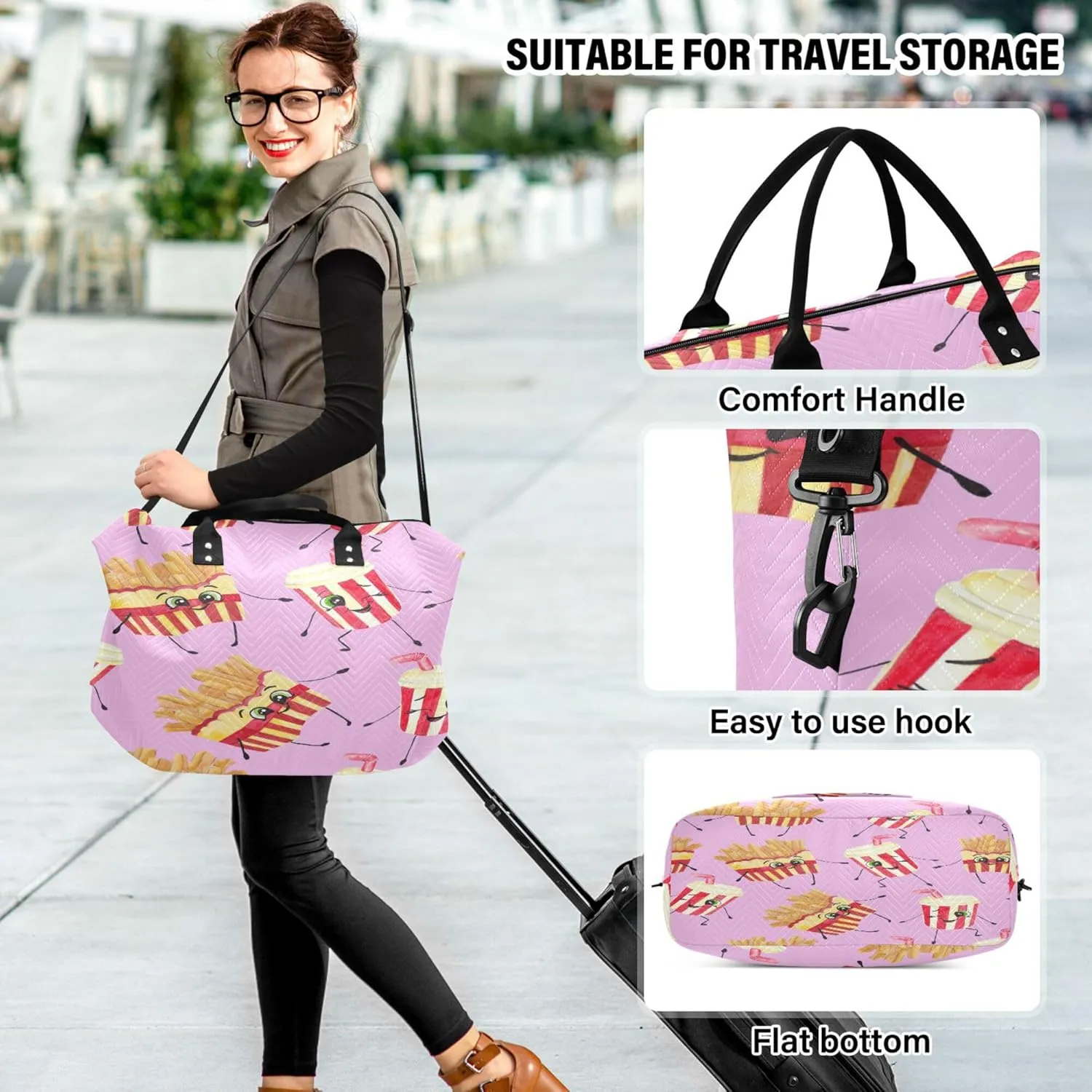 Exnundod Women Weekender Bags Cute Food and Drinks Travel Duffel Bags Carry On Overnight Bag French Fries Large Hospital Tote Luggage