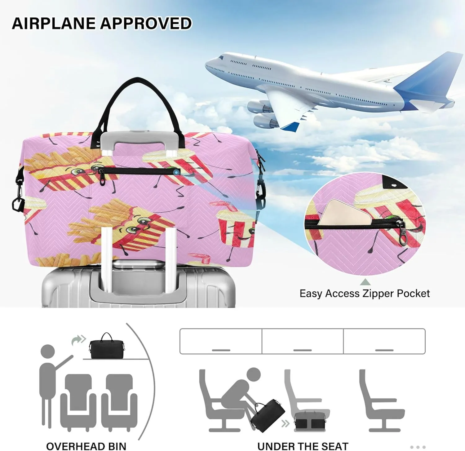 Exnundod Women Weekender Bags Cute Food and Drinks Travel Duffel Bags Carry On Overnight Bag French Fries Large Hospital Tote Luggage