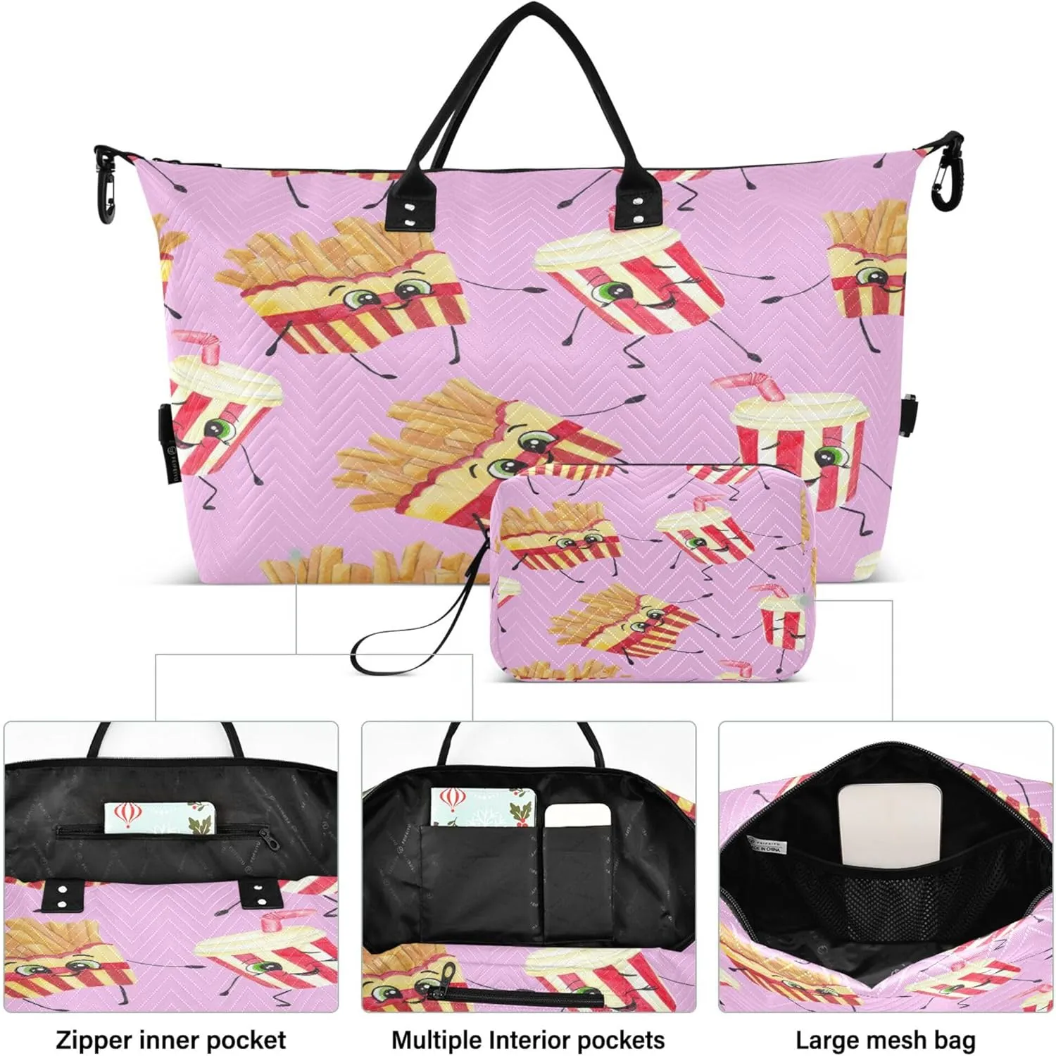 Exnundod Women Weekender Bags Cute Food and Drinks Travel Duffel Bags Carry On Overnight Bag French Fries Large Hospital Tote Luggage