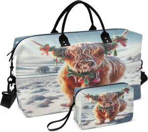 Exnundod Women Weekender Bags Snowy Highland Cow Winter Travel Duffel Bags Carry On Overnight Bag Large Hospital Tote Luggage