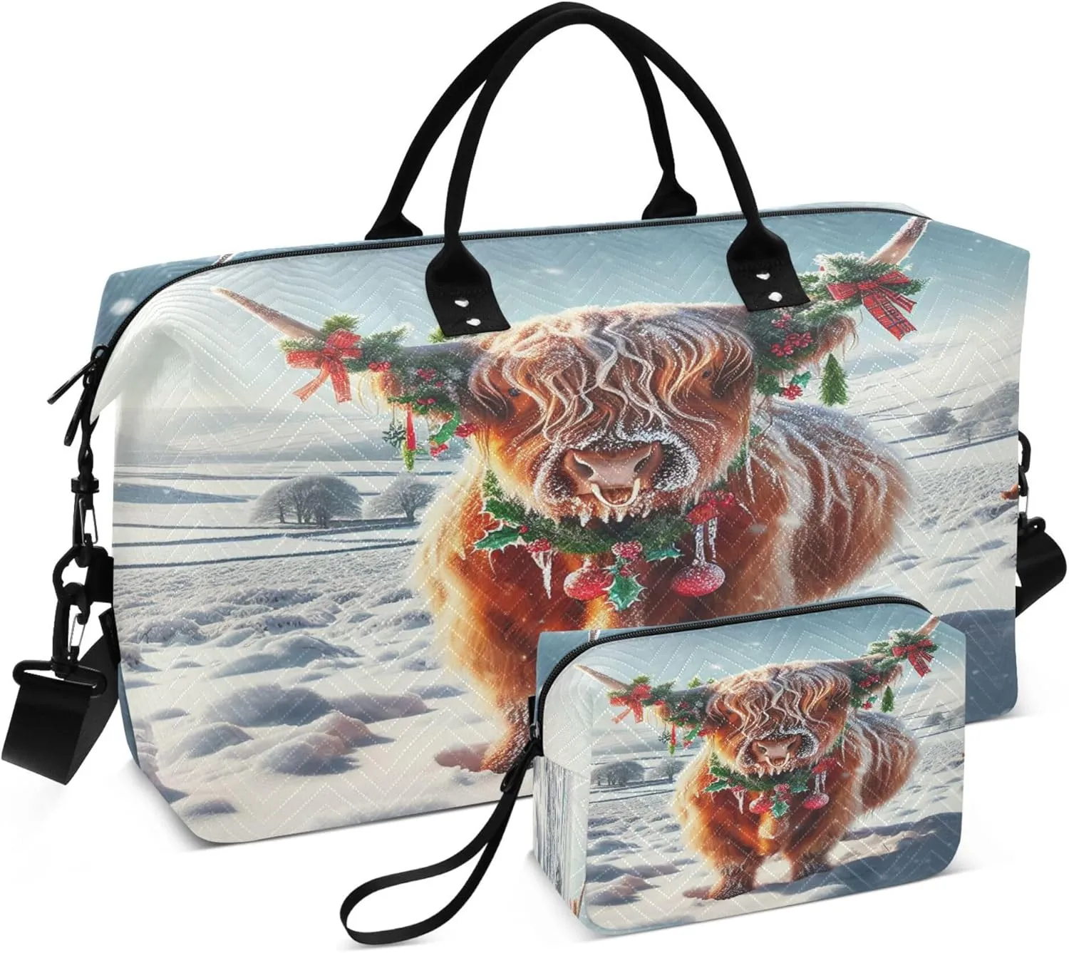 Exnundod Women Weekender Bags Snowy Highland Cow Winter Travel Duffel Bags Carry On Overnight Bag Large Hospital Tote Luggage