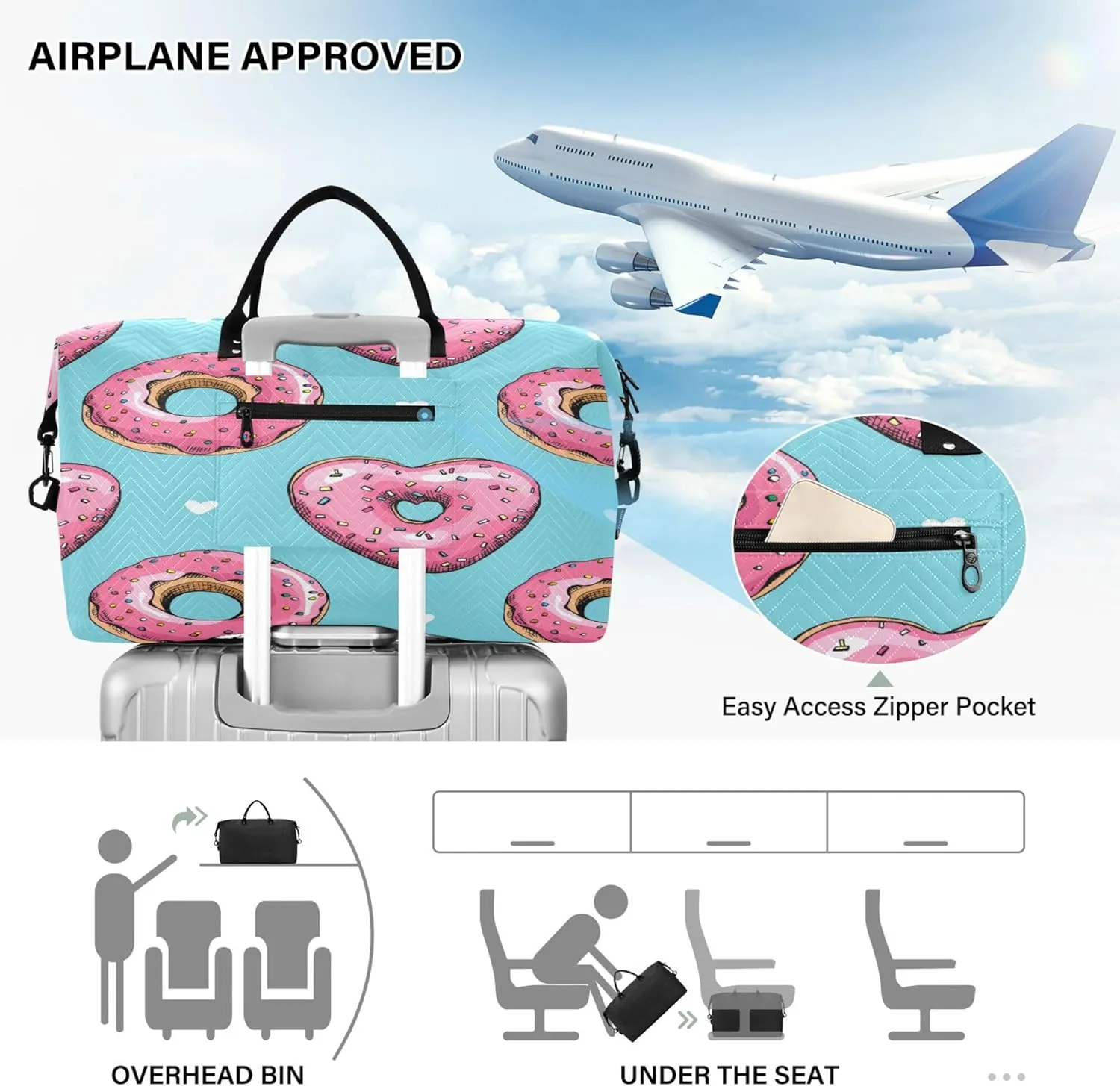 Exnundod Women Weekender Bags Sweet Pink Donuts Travel Duffel Bags Carry On Overnight Bag Large Hospital Tote Luggage