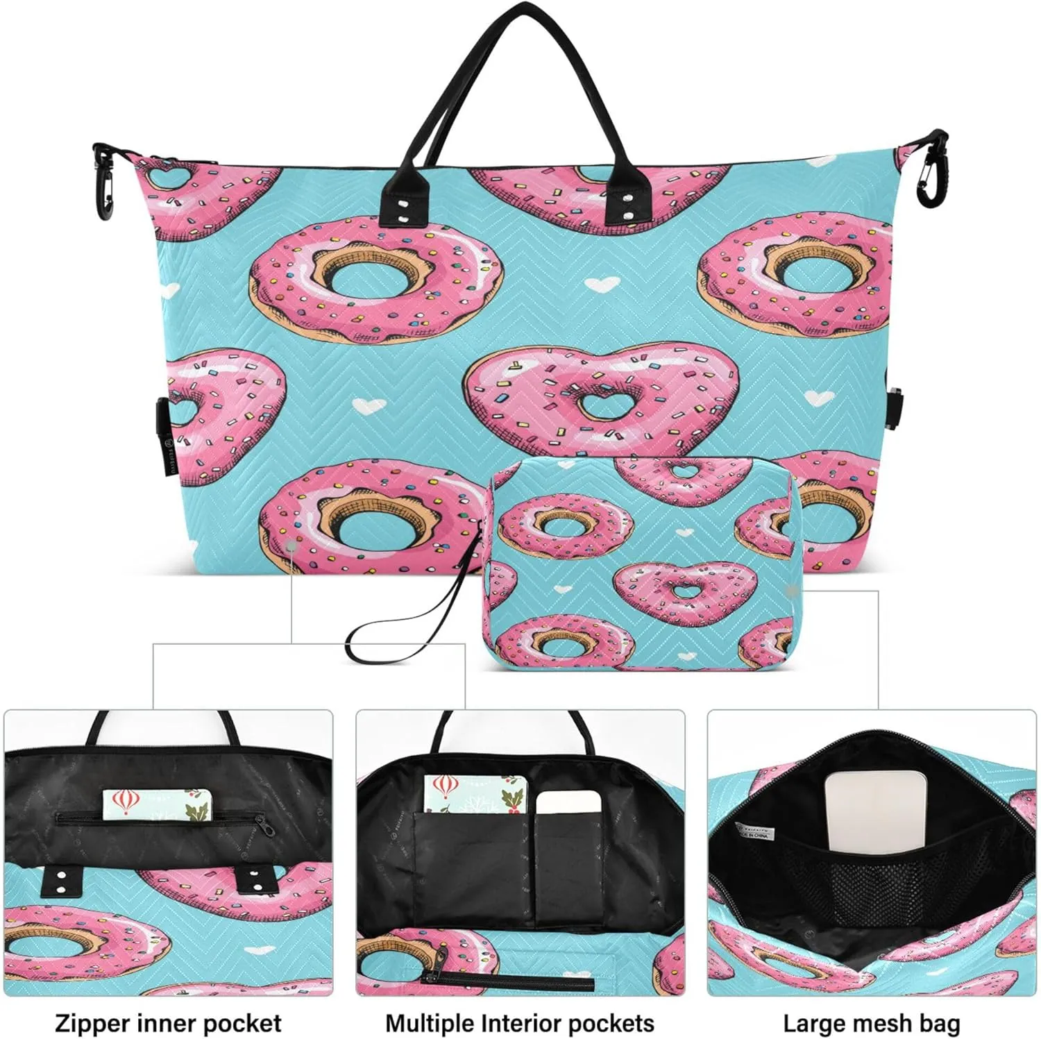 Exnundod Women Weekender Bags Sweet Pink Donuts Travel Duffel Bags Carry On Overnight Bag Large Hospital Tote Luggage