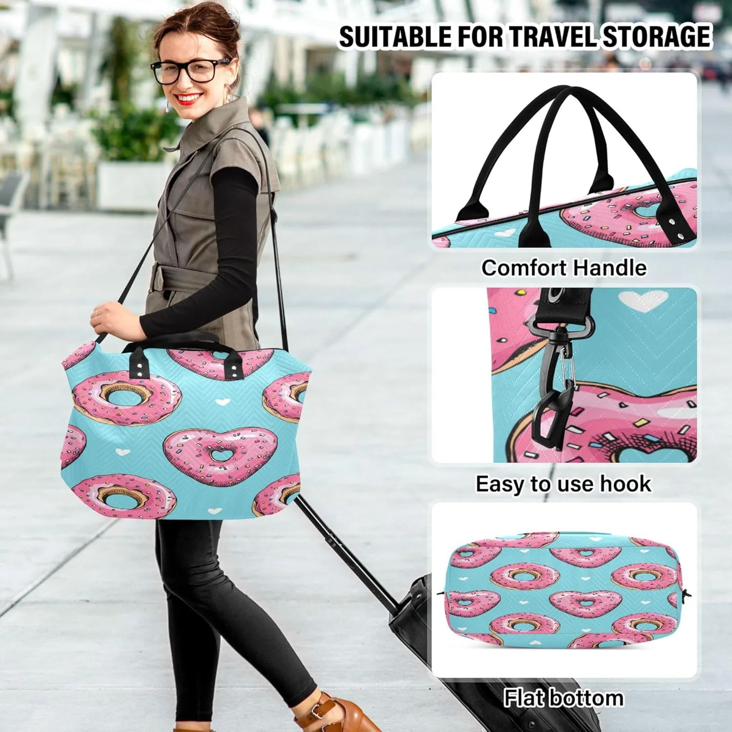 Exnundod Women Weekender Bags Sweet Pink Donuts Travel Duffel Bags Carry On Overnight Bag Large Hospital Tote Luggage