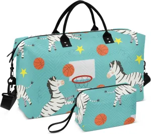Exnundod Zebras Playing Basketball Women Weekender Bags Cartoon Style Gym Bags Carry On Overnight Duffle Large Duffle Tote Hospital Bag for Business Trip Yoga